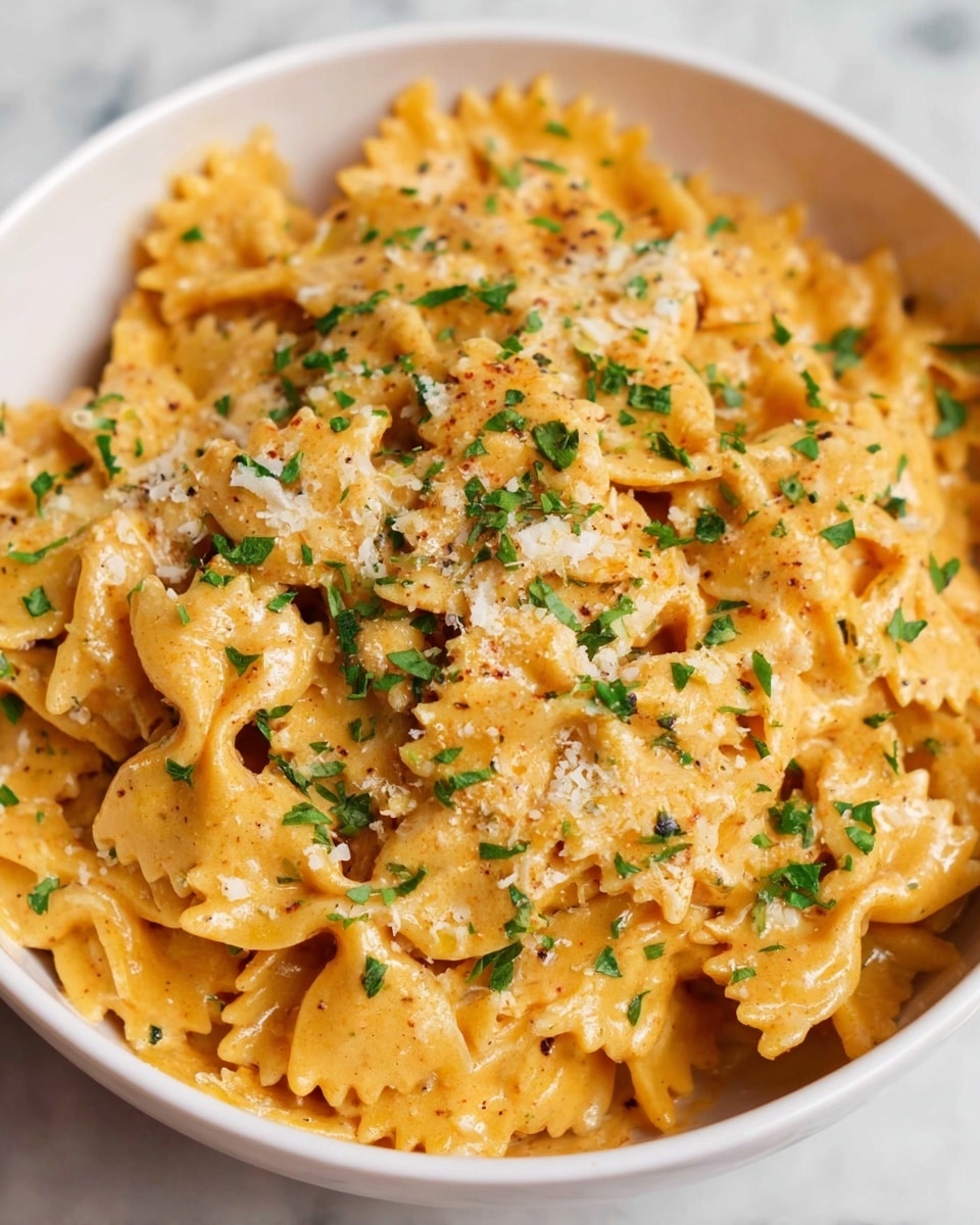 The image shows a white bowl filled with a creamy, orange-colored pasta dish made with farfalle (bow tie) pasta. The sauce evenly coats the pasta, giving it a smooth and rich texture. The surface of the pasta is sprinkled with light, finely grated cheese, and small pieces of bright green chopped herbs, scattered evenly on top. The bowl rests on a white marbled surface, adding a clean and fresh look to the scene. photo taken with an iphone --ar 4:5 --v 7