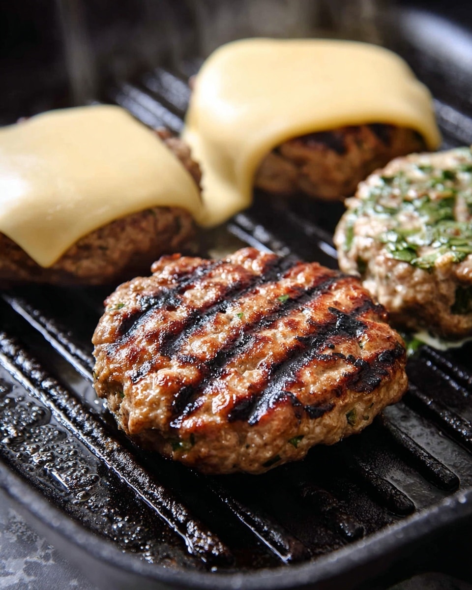 A close-up image showing three grilled burger patties on a black grill pan with ridges. Two patties are topped with smooth, melted pale yellow cheese that drapes over their edges. The third patty, without cheese, shows distinct dark grill marks and bits of green herbs on its surface, giving it a textured look. The grill pan has shiny oil and slight smoke near the edges. The background is replaced by a white marbled texture. Photo taken with an iphone --ar 4:5 --v 7
