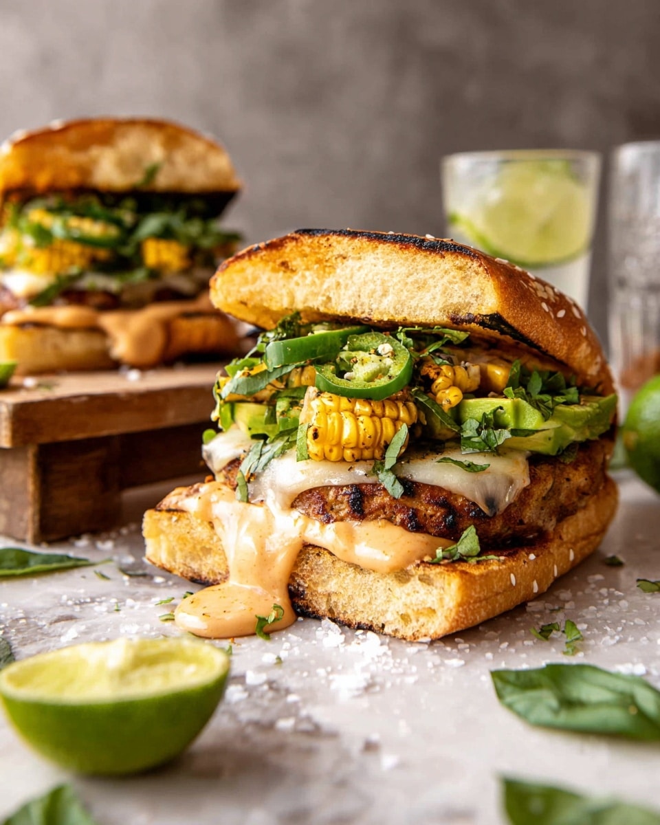 A close-up view of a sandwich made with a toasted ciabatta bun, showing two layers inside: the bottom layer is a golden-brown grilled patty with a creamy light orange sauce dripping slightly over the edges, followed by a layer of melted white cheese atop the patty. On top of the cheese are fresh green herbs and slices of avocado, along with pieces of grilled yellow corn with a slight char. The top bun is slightly tilted open, resting on a white marbled surface sprinkled with coarse salt. In the background, another similar sandwich sits on a wooden block, and two lime halves,one squeezed,are placed nearby. Fresh green basil leaves are scattered around. Photo taken with an iphone --ar 4:5 --v 7
