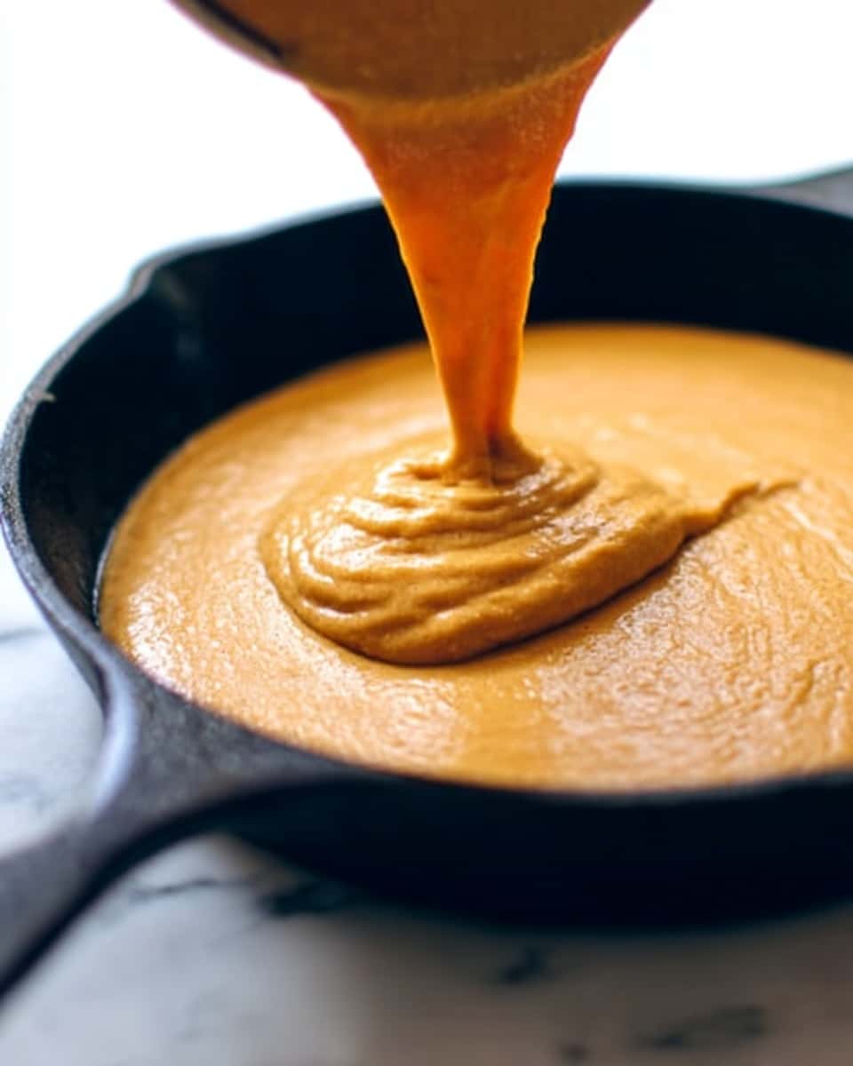 A close-up view of a black cast iron pan with smooth, thick, golden-brown batter being poured into the center, creating a small mound that spreads naturally over the pan's dark textured surface. The pan sits on a white marbled texture, and a woman's hand holds a utensil above, visible only partially, allowing the batter to flow smoothly into the pan. The batter’s texture looks soft and creamy with a shiny finish, and the lighting highlights the contrast between the pan and the warm color of the batter. Photo taken with an iphone --ar 4:5 --v 7