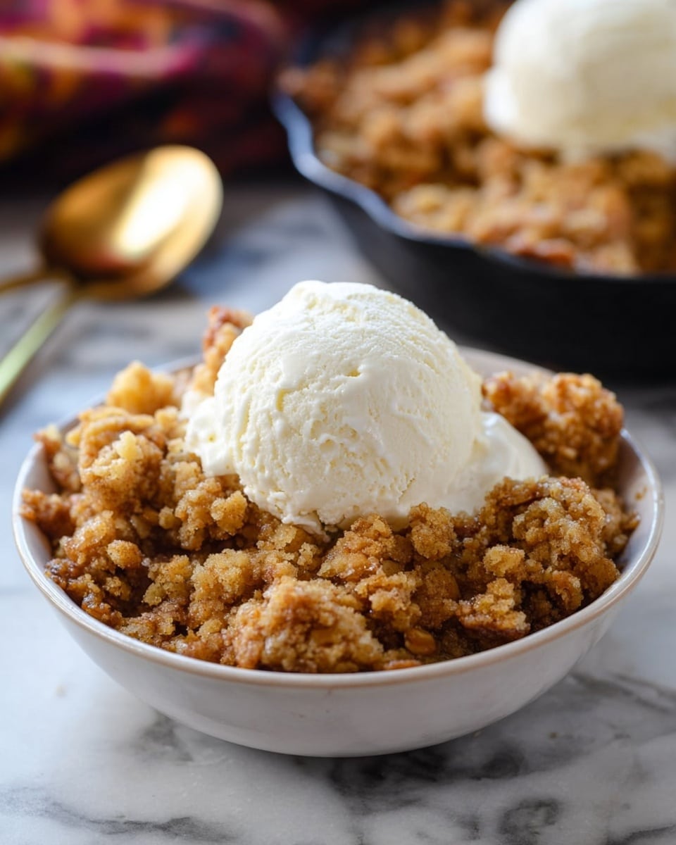 A white bowl holds a dessert with two main layers: a bottom layer of golden-brown crumbly crumble with a rough texture and uneven chunks, and a top layer of a smooth, white scoop of vanilla ice cream sitting right in the center. The background shows another similar dessert slightly out of focus, resting on a white marbled surface, with a gold spoon nearby. The lighting highlights the texture of the crumble and the creamy surface of the ice cream. photo taken with an iphone --ar 4:5 --v 7