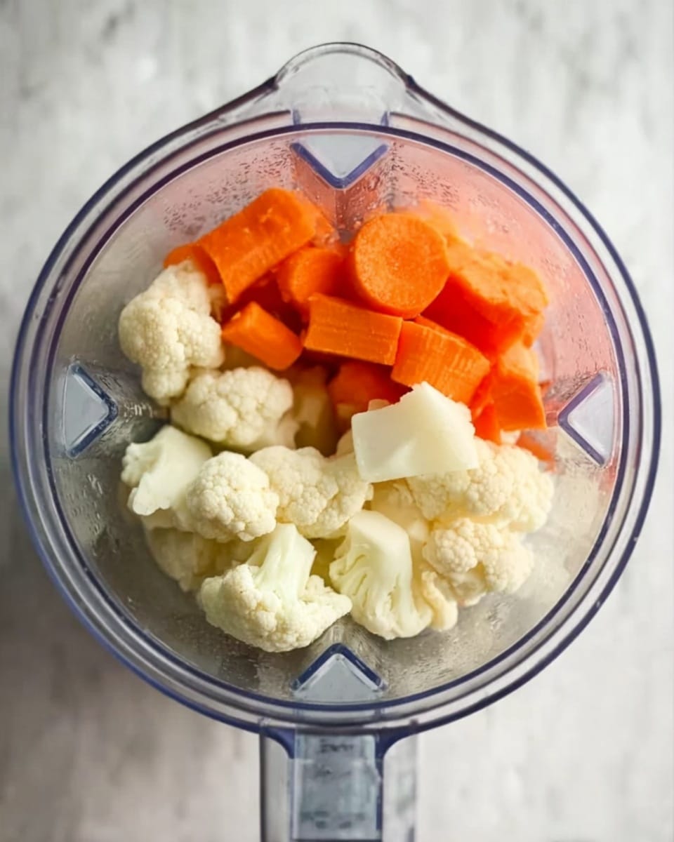 The image shows a clear blender container from above, filled with two main layers of ingredients: on the bottom, bright orange carrot chunks with a smooth texture, and on top, white cauliflower florets with a rough, bumpy surface. The container sits on a white marbled surface, and the light highlights the freshness and natural colors of the vegetables. photo taken with an iphone --ar 4:5 --v 7