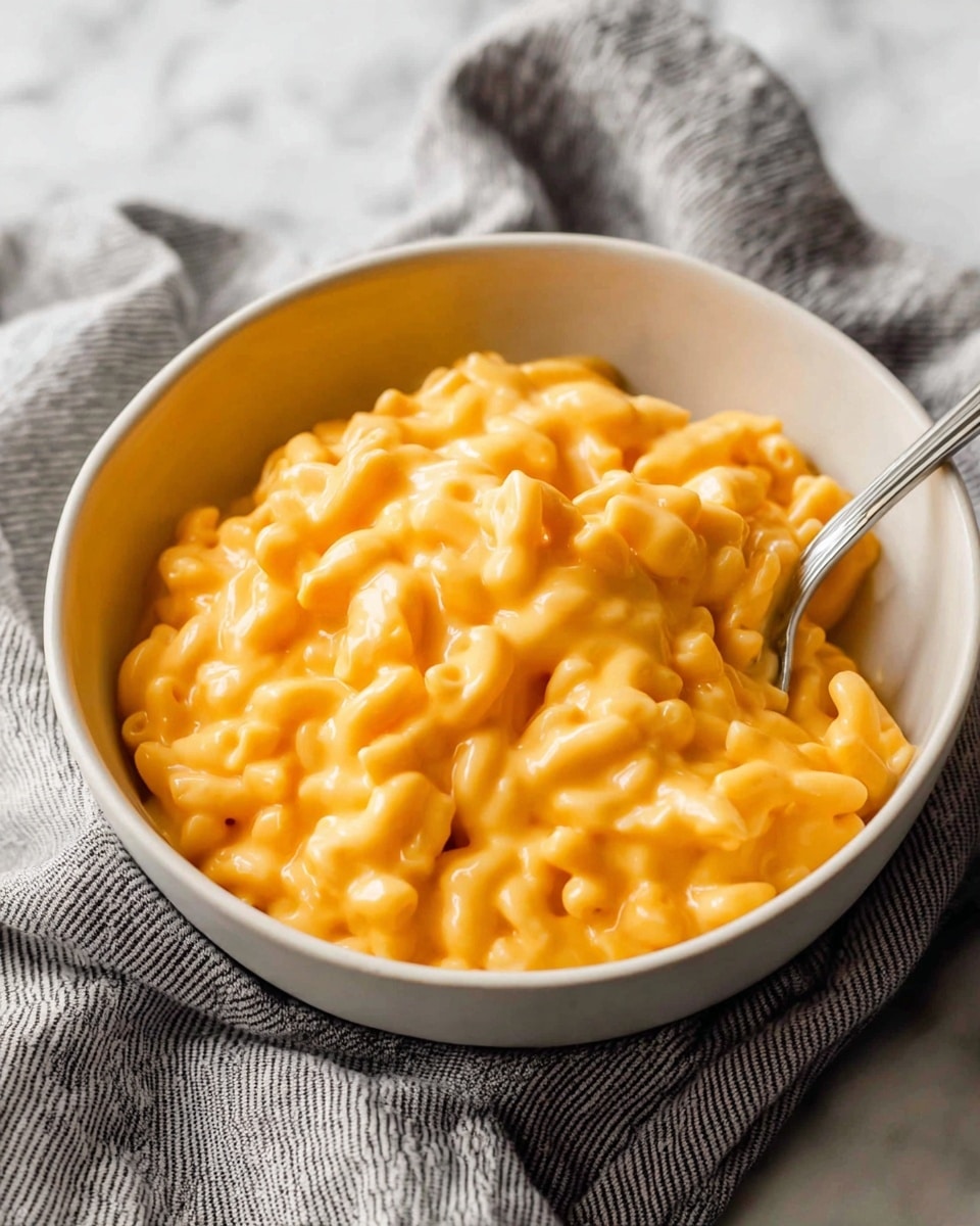 A white bowl filled with creamy macaroni and cheese, showing soft, curved elbow pasta coated in smooth, bright orange cheese sauce. The bowl rests on a gray and white striped cloth on a white marbled surface. A silver spoon is dipped into the macaroni and cheese inside the bowl. Photo taken with an iphone --ar 4:5 --v 7