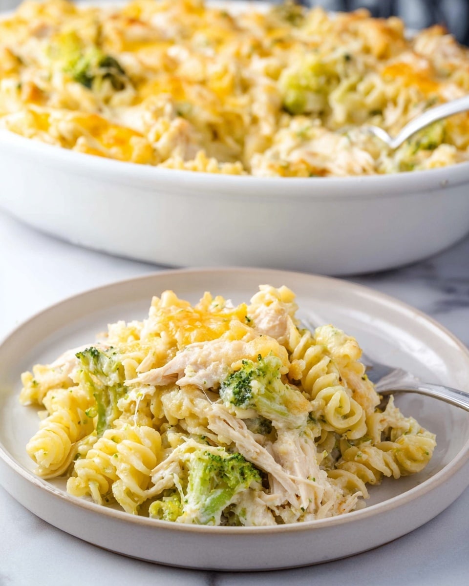 A close-up view of a creamy pasta casserole served on a white marbled surface. The dish has a base layer of spiral pasta mixed with shredded chicken and small green broccoli pieces spread evenly throughout. The pasta is covered with melted light yellow cheese creating a smooth creamy texture. The casserole is presented in a large white casserole dish in the background, while a smaller portion is served on a simple white plate in the front. The colors mainly show soft yellows from the pasta and cheese and pops of green from the broccoli. The overall look is warm and comforting, highlighting the cheesy and creamy layers photo taken with an iphone --ar 4:5 --v 7