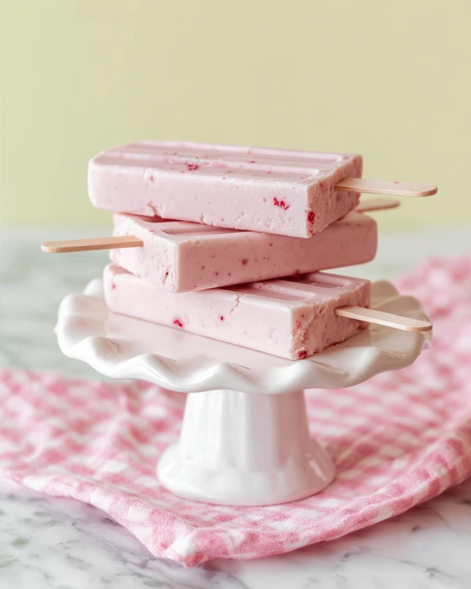 Three pale pink popsicles with small red bits are stacked on a white cake stand with a scalloped edge and a short pedestal base. The popsicles are rectangular with grooves on the top surface and have light wooden sticks sticking out. The stand sits on a soft pink and white checkered cloth, all placed on a white marbled surface. The background is a soft, light yellow. photo taken with an iphone --ar 4:5 --v 7
