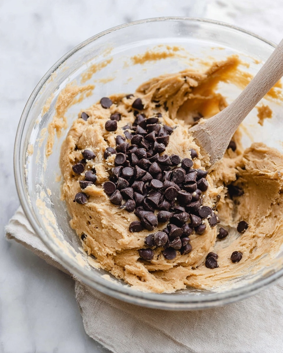 A clear glass bowl filled with light brown cookie dough, soft and thick in texture, with a large pile of dark chocolate chips sprinkled on one side. A light wooden spoon is partly in the dough on the left, showing the dough’s creamy, slightly chunky texture, while the edges of the bowl show some dough residue. The bowl sits on a white marbled surface with a pale cloth underneath. Photo taken with an iphone --ar 4:5 --v 7