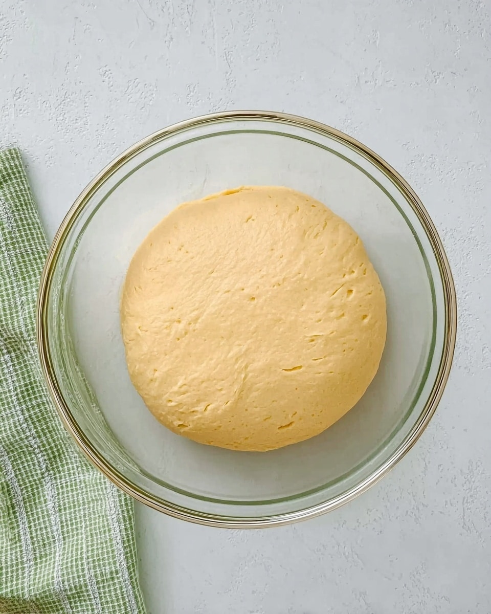A clear glass bowl sits on a white marbled surface. Inside the bowl, there is a single round ball of smooth, light yellow dough that fills most of the bowl's bottom. The dough has a slightly shiny and soft texture, with a few small wrinkles and air bubbles on its surface. To the side, part of a green and white checkered cloth is visible. Photo taken with an iphone --ar 4:5 --v 7