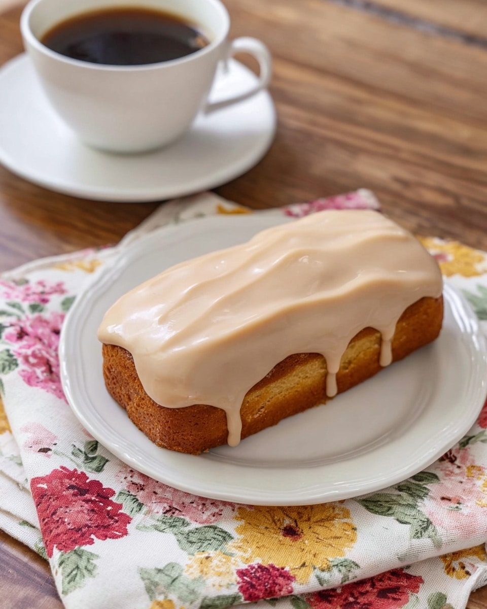 A rectangular pastry with a golden-brown base layer sits in the center of a white plate. It is covered by a thick, smooth, tan-colored icing that drips slightly down the sides. The plate rests on a floral cloth napkin featuring red, pink, and yellow flowers with green leaves. In the background, there is a white cup filled with dark coffee on a white saucer, placed on a wooden surface. photo taken with an iphone --ar 4:5 --v 7