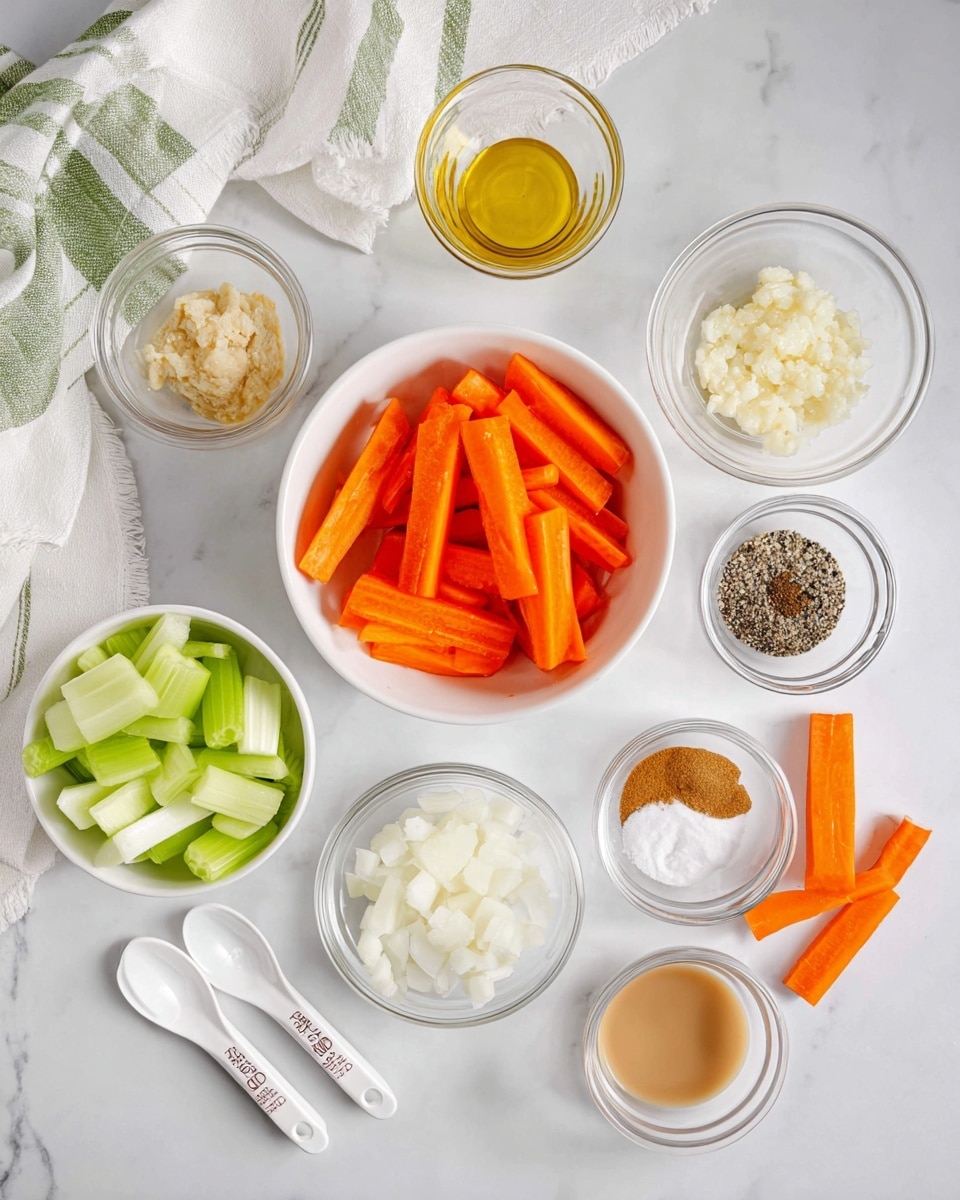 The image shows several small clear glass bowls and a white bowl with different fresh ingredients arranged on a white marbled surface. The white bowl in the center is full of bright orange carrot sticks, some of which are also scattered around. Surrounding it are clear glass bowls containing various ingredients: minced garlic with oil (top left), a pale yellow paste (below the garlic), black pepper powder, white granulated salt, chopped white onions, a light brown liquid, and a creamy white liquid. There is also a small white bowl filled with sliced green celery on the left side. Two white measuring spoons are placed at the bottom left. A white cloth with green stripes is draped on the top side of the image, adding a soft texture to the setting. photo taken with an iphone --ar 4:5 --v 7