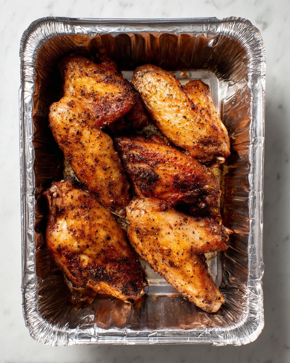 The image shows five cooked chicken wings arranged in a single layer inside a shiny aluminum tray, placed on a white marbled surface. The wings have a crispy, golden brown skin with a speckled coating of black pepper and seasoning. Some areas have darker, slightly charred spots adding texture and contrast. The wings are laying in various angles, showing both wing tips and meaty parts with visible cooked skin. The aluminum tray edges are crinkled and reflect light, framing the warm-colored chicken wings. photo taken with an iphone --ar 4:5 --v 7