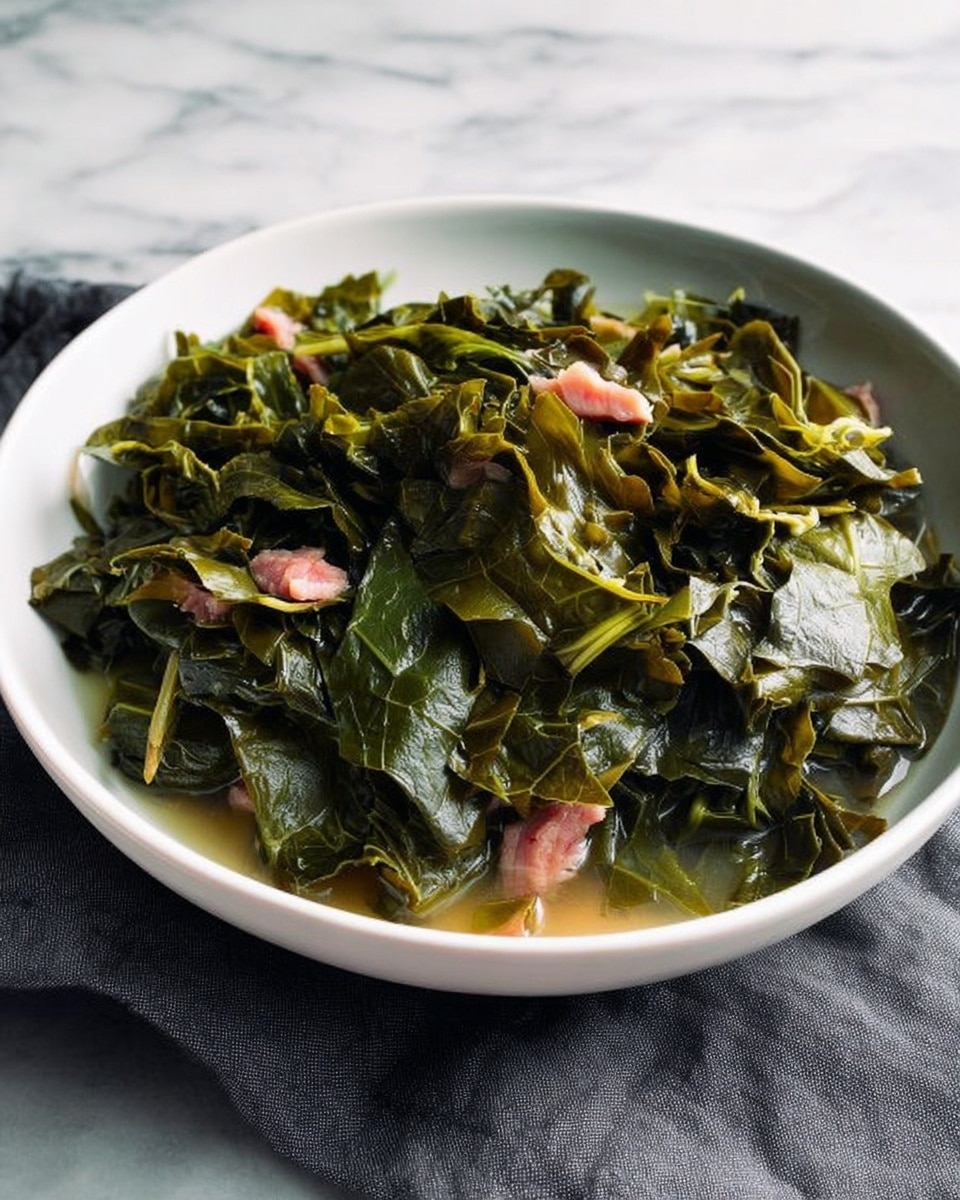 A white shallow bowl filled with a large pile of cooked dark green leafy vegetables mixed with small pieces of light pink meat. The vegetables look soft and glossy, soaked in a bit of clear broth at the bottom of the bowl. The bowl is placed on a white marbled surface next to a dark gray cloth napkin. Photo taken with an iphone --ar 4:5 --v 7
