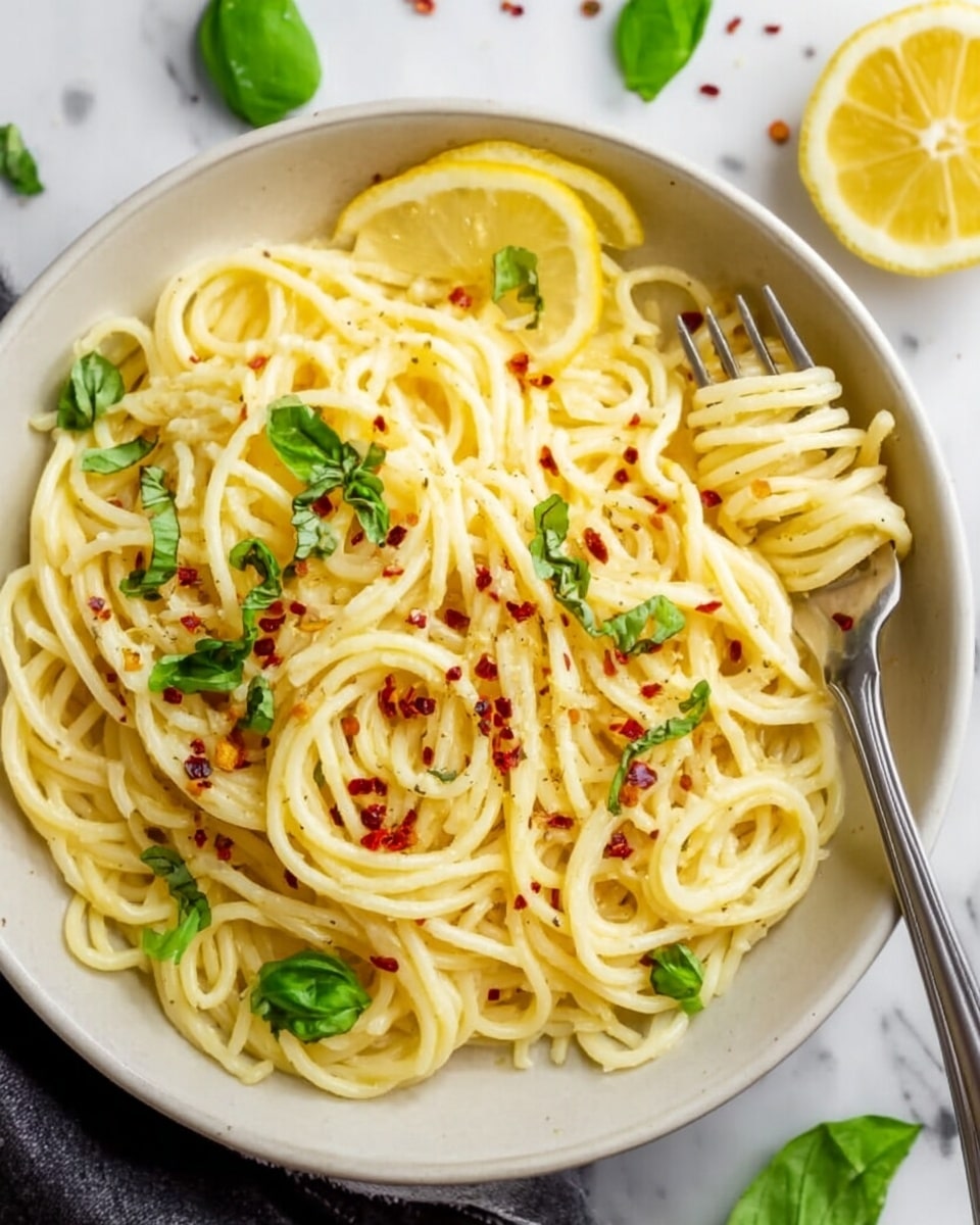 A round white bowl filled with a single layer of light yellow spaghetti noodles, topped with small green basil leaves and red chili flakes scattered evenly on top. On one side of the spaghetti, there are two thin yellow lemon slices placed slightly under the noodles. A silver fork rests on the right side of the bowl, partially tangled with the noodles. The bowl is set on a white marbled surface with a lemon wedge and some green basil leaves nearby. Photo taken with an iphone --ar 4:5 --v 7