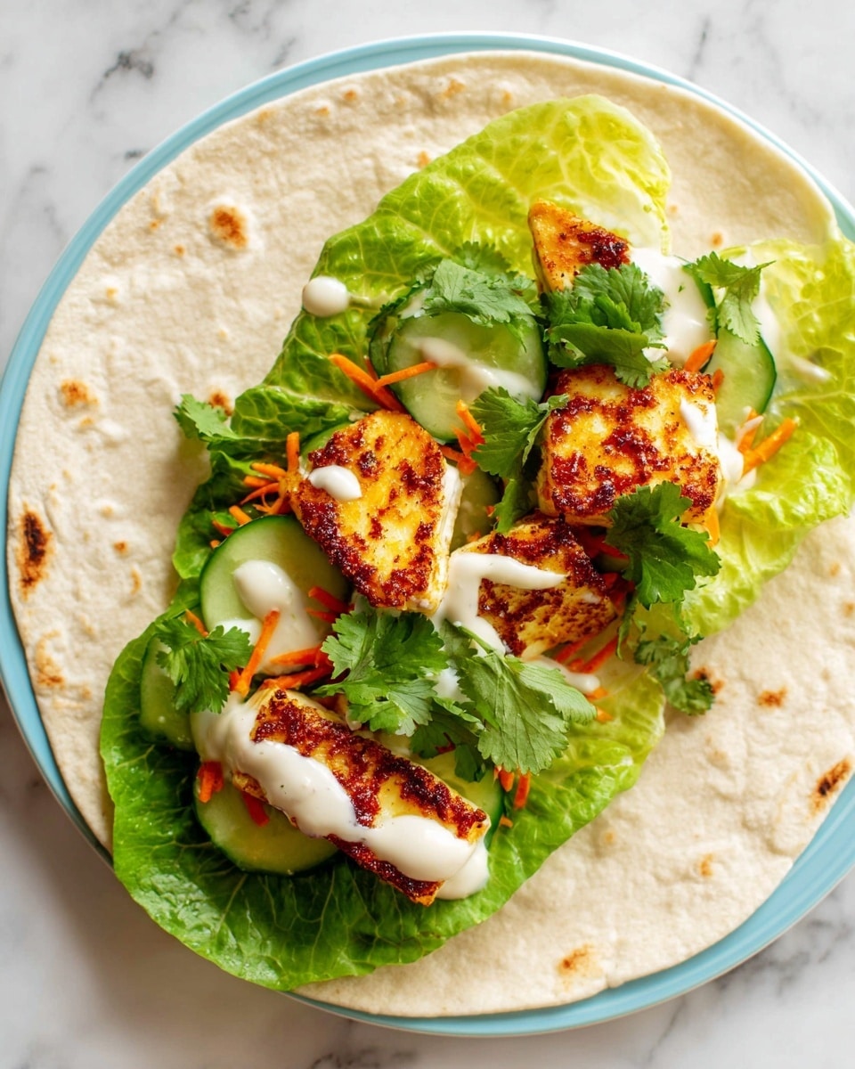 A white plate with a flat, round beige tortilla is laid out on a white marbled surface. On the tortilla, there are two small green lettuce leaves creating the base layer. On the lettuce, several grilled golden-brown pieces of halloumi cheese with a slightly crispy texture sit scattered. Thin slices of cucumber and small shredded orange carrot pieces are mixed among the cheese. White yogurt sauce is drizzled over the ingredients, and fresh green cilantro leaves are scattered on top, adding a bright, leafy contrast. Photo taken with an iphone --ar 4:5 --v 7