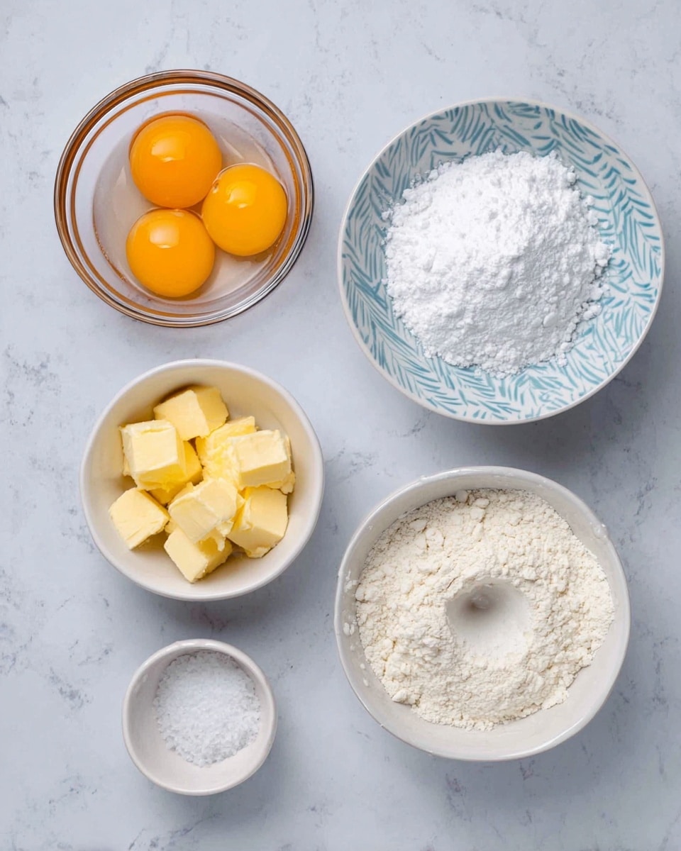 This image shows five white bowls placed on a white marbled surface. The top left bowl contains three bright orange egg yolks in a clear glass bowl. To the right of it is a white bowl with a light blue leaf pattern filled with a heap of white powdered sugar. Below the yolks is a small white bowl holding finely cubed yellow butter. Next to it on the right is a white bowl filled with fine white flour that has a small well in the middle. The top left corner has a small white bowl filled with a small amount of white salt. photo taken with an iphone --ar 4:5 --v 7