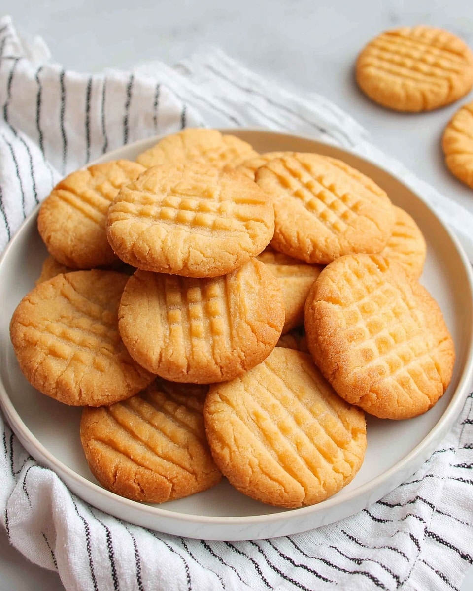 A white plate is filled with a pile of round golden brown cookies, each cookie featuring a crisscross pattern on top with a slightly shiny surface. The cookies have a light, slightly darker edge and a textured, firm look. The plate is set on a white marbled surface with a white cloth with black stripes under the edge. Photo taken with an iphone --ar 4:5 --v 7