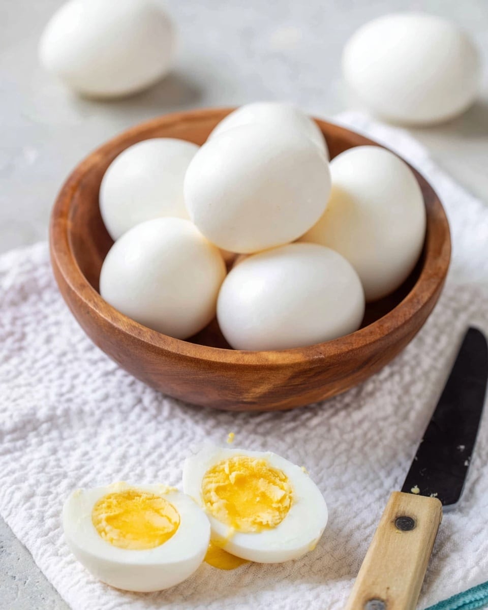 A bowl with six white eggs sits in the center, the bowl is wooden with a smooth brown texture. In front of the bowl, two halves of a boiled egg show a firm yellow yolk inside white egg whites. A small black knife with traces of yellow yolk lies near the eggs. The background is a white marbled surface with a white textured cloth beneath the bowl and eggs, giving a clean kitchen feel. Photo taken with an iphone --ar 4:5 --v 7