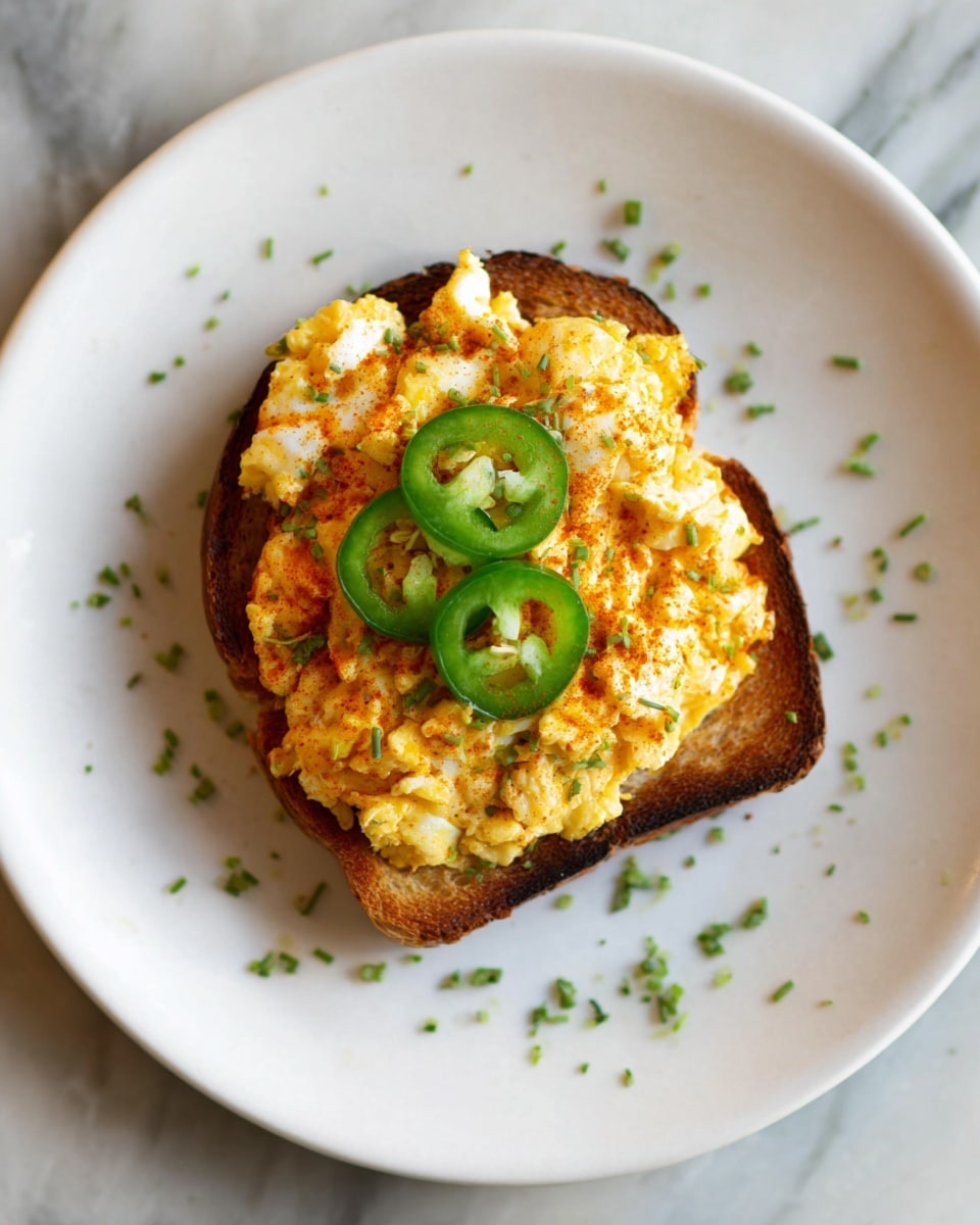 A single slice of toasted bread sits in the center of a white plate with small green herb pieces scattered around. On top of the bread is a thick layer of cooked scrambled eggs mixed with small white chunks, showing a slightly browned and crispy texture on the edges. Three thin slices of green jalapeño peppers are neatly arranged on top of the eggs. The plate is placed on a white marbled surface. photo taken with an iphone --ar 4:5 --v 7