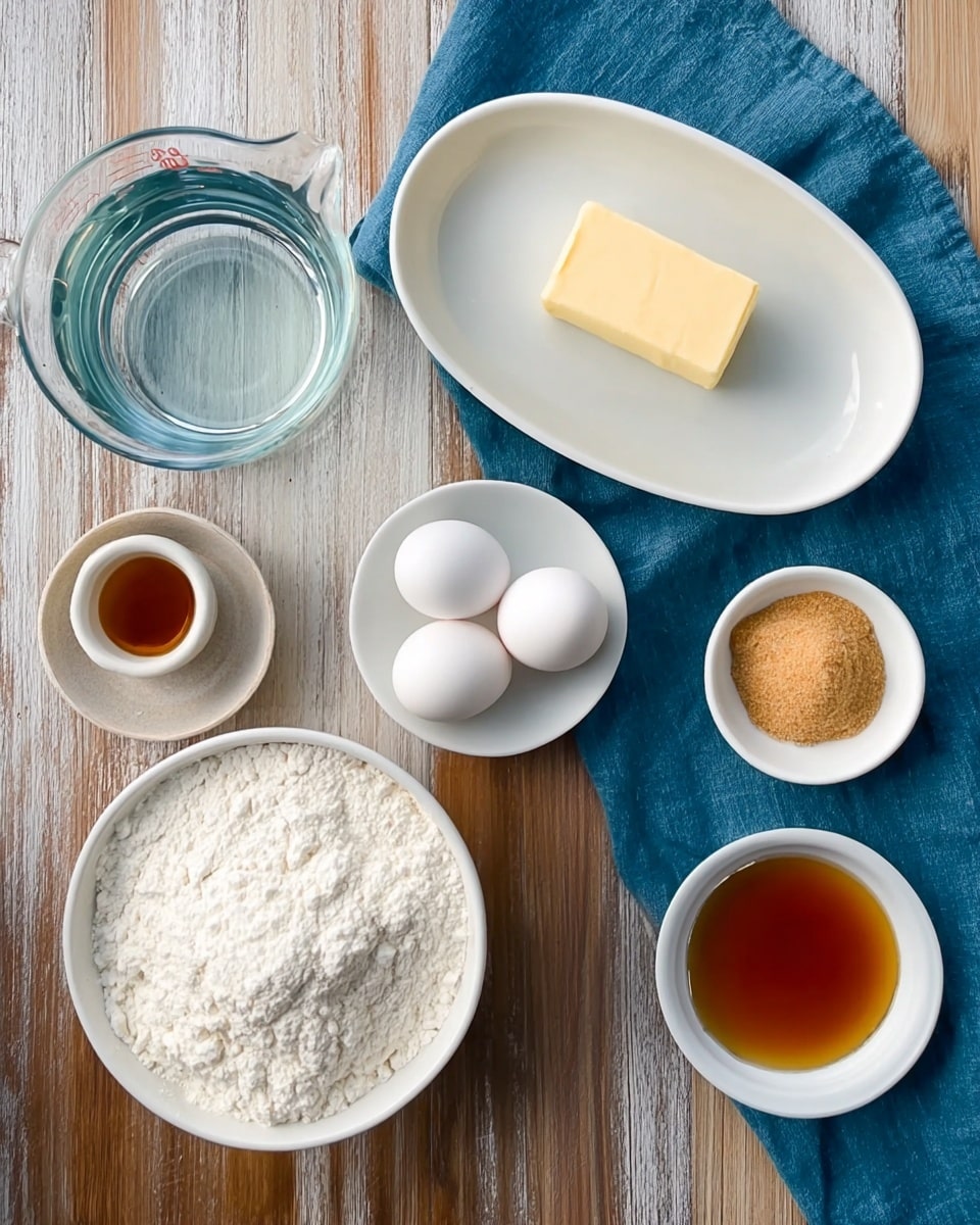 The image shows a top view of several white bowls and plates arranged on a wooden surface with a blue cloth partially underneath. There is a white oval plate with a stick of pale yellow butter in the center top, and below it, a small white oval plate holds three white eggs. To the left, there is a clear glass measuring cup with water. On the blue cloth to the right, a white bowl filled with white flour sits near two small white round bowls, one with light brown sugar and the other with amber-colored vanilla extract. The background is a white marbled texture visible through the wooden surface gaps. Photo taken with an iphone --ar 4:5 --v 7