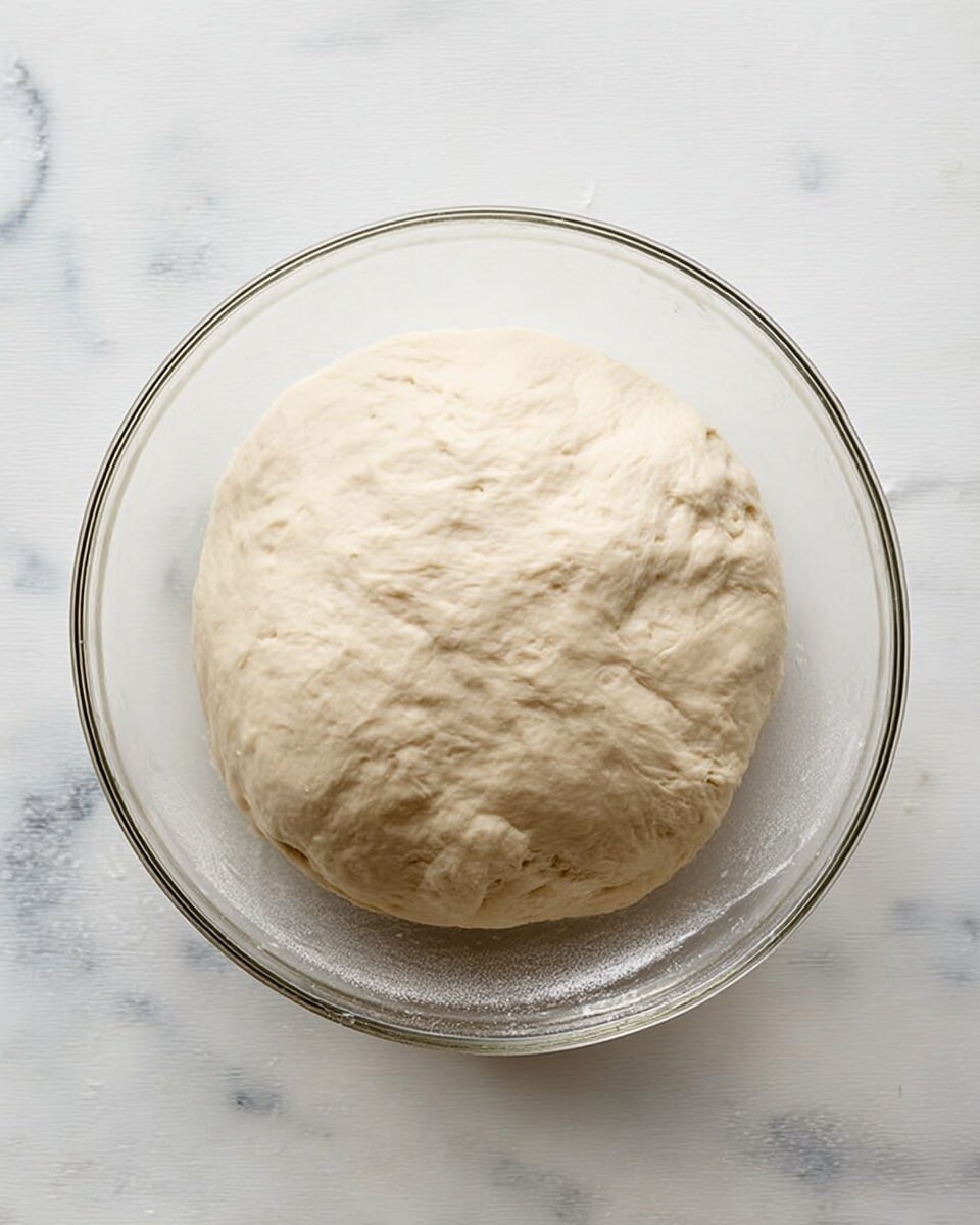 A clear glass bowl holds a single large ball of pale dough with a soft, slightly bumpy texture, resting evenly inside the bowl. The bowl sits on a white marbled surface with natural light softly highlighting the dough’s smooth, elastic look. The dough fills most of the bowl’s space, showing small dimples and folds on the top, making it look fresh and ready for baking. photo taken with an iphone --ar 4:5 --v 7