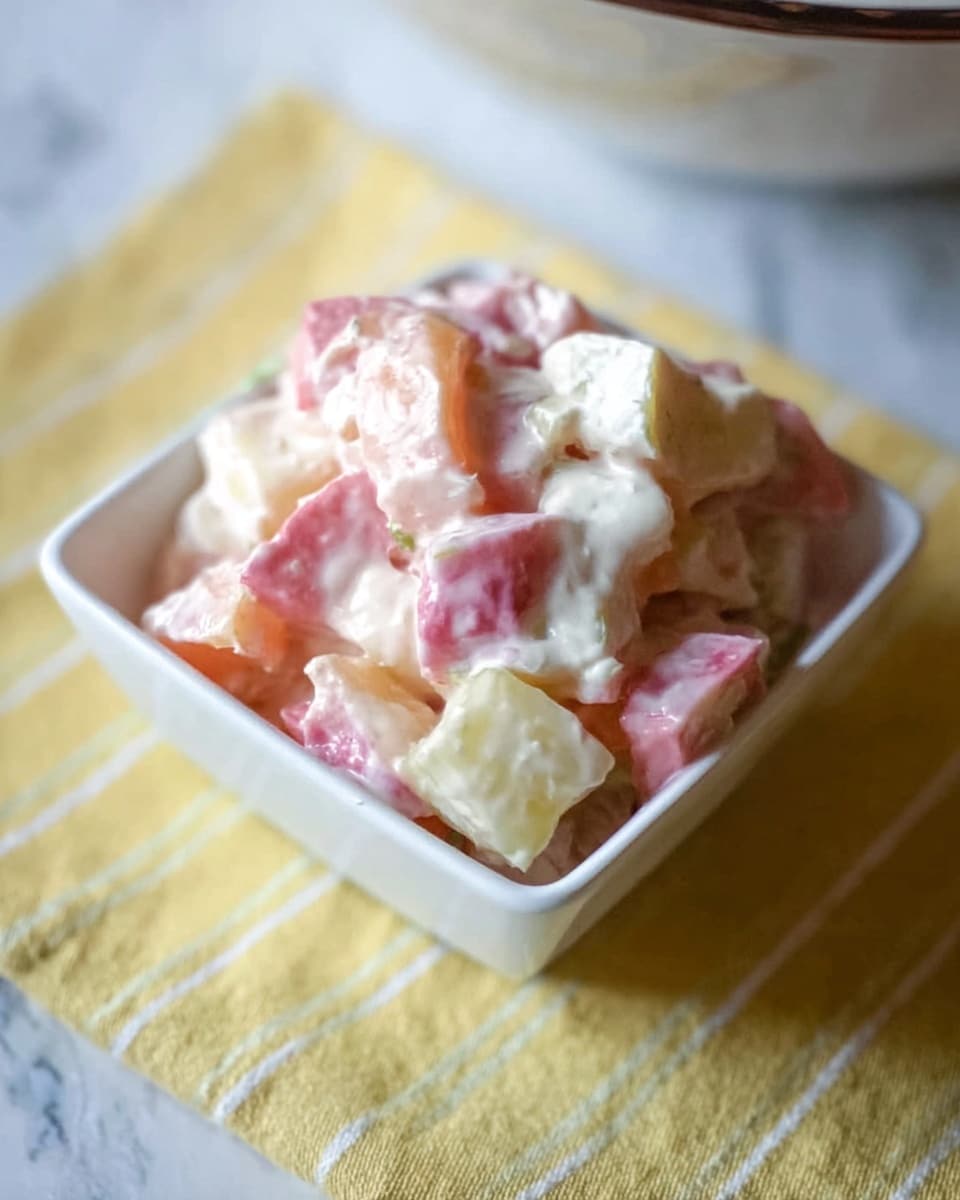 A small white square bowl on a yellow striped cloth holds a salad made of three main layers: light pink pieces, white cubes, and some yellow chunks, all mixed together and covered with a creamy sauce giving a slightly shiny look. The bowl is filled up close to the top with no extra space around the salad. The background shows part of a larger white bowl with a dark rim, blurred out. The whole scene is on a white marbled surface. photo taken with an iphone --ar 4:5 --v 7