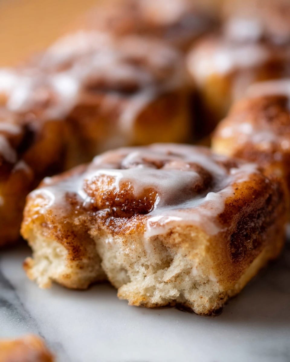 The image shows a close-up view of a cinnamon roll piece with a soft, light brown inside and a crispy, dark brown outside. The top layer is covered in thick, creamy white icing that is melting slightly over the cinnamon roll’s surface. The texture of the roll looks fluffy inside with a slightly rough, baked crust. The cinnamon roll pieces are placed close together on a white marbled surface. The focus is on one piece at the center, with other pieces softly blurred in the background. photo taken with an iphone --ar 4:5 --v 7
