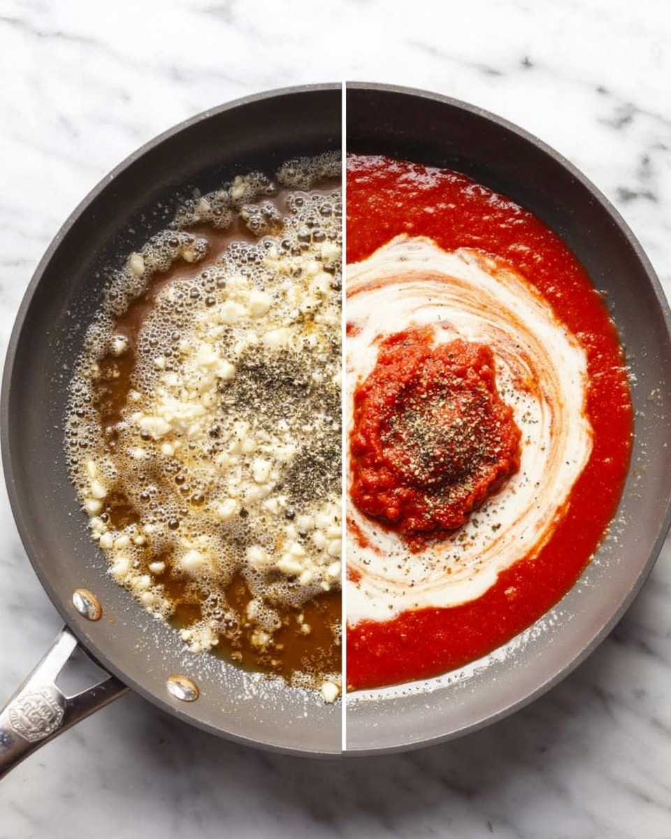 The image shows a grey pan on a white marbled surface. Inside the pan, there is melted butter bubbling with small bits of light-colored garlic spread across the surface. In the second image, the same grey pan contains a mixture of bright red tomato sauce covering most of the surface. In the middle of the sauce, a large swirl of creamy white sauce and a dollop of thick red paste sit side by side. A sprinkle of black pepper and herbs rests on top, contrasting with the smooth sauces beneath. Photo taken with an iphone --ar 4:5 --v 7