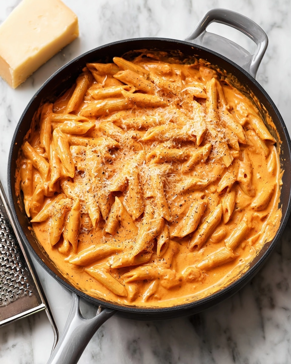 A black skillet filled with a creamy, orange-colored sauce mixed with cooked penne pasta scattered throughout, some penne partially covered while others sit on top, the sauce looks smooth and thick with a few specks of black pepper, topped lightly with grated cheese. The skillet has a grey handle and sits on a white marbled surface. Next to the skillet, there’s a block of pale yellow cheese and a metal grater partially visible. Photo taken with an iphone --ar 4:5 --v 7