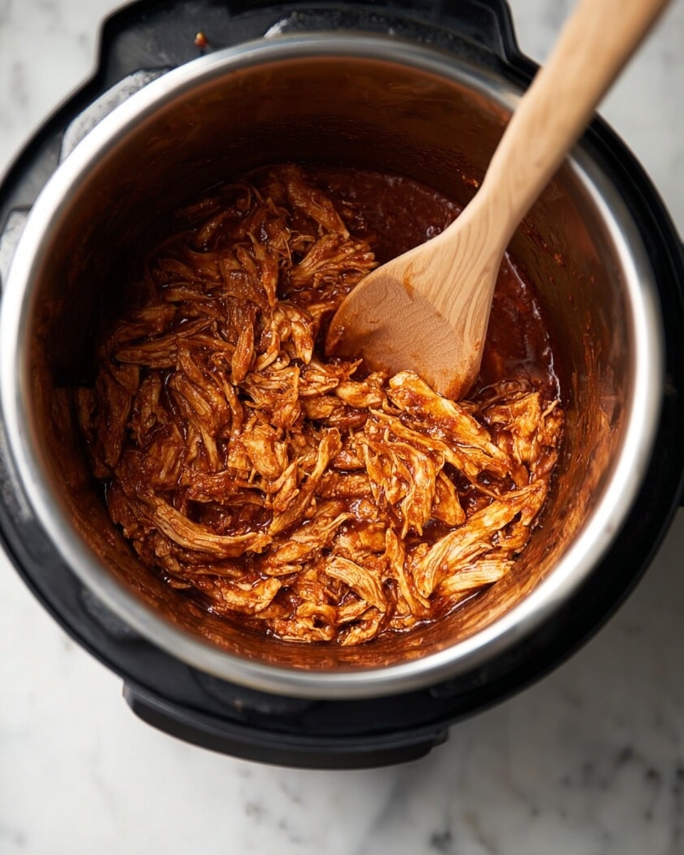The image shows a close-up view of shredded, cooked chicken inside a stainless steel inner pot of a black slow cooker or electric pressure cooker. The chicken is well coated in a thick, reddish-brown sauce that looks rich and flavorful. A wooden spoon with a smooth light wood texture is stirring or mixing the chicken from the top right, partially covered with sauce. The pot sits on a white marbled surface with soft shadows around the base, highlighting the slow cooker. photo taken with an iphone --ar 4:5 --v 7