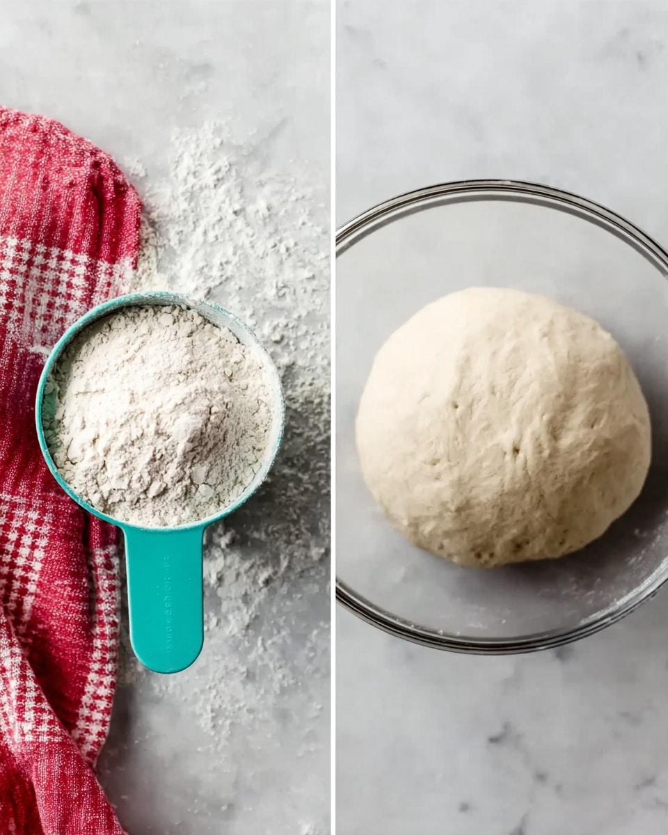 The image is split into two parts. On the left, there is a turquoise measuring cup full of white flour, placed on a white marbled surface, with a red and white checkered cloth next to it. On the right, there is a smooth, round ball of dough sitting in a clear glass bowl, also on a white marbled surface. Both parts focus on simple baking ingredients with clear textures: the flour is powdery and loose, while the dough is dense and soft. Photo taken with an iphone --ar 4:5 --v 7