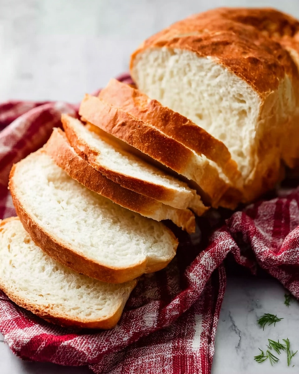 A loaf of bread is shown with multiple slices partially separated and leaned against each other. The crust is golden brown and looks crisp, while the inside is soft, white, and fluffy with a light texture. The bread sits on a red and white checkered cloth resting on a white marbled surface. Green herbs are faintly visible near the cloth. The lighting highlights the bread’s soft texture and crust color clearly. Photo taken with an iphone --ar 4:5 --v 7