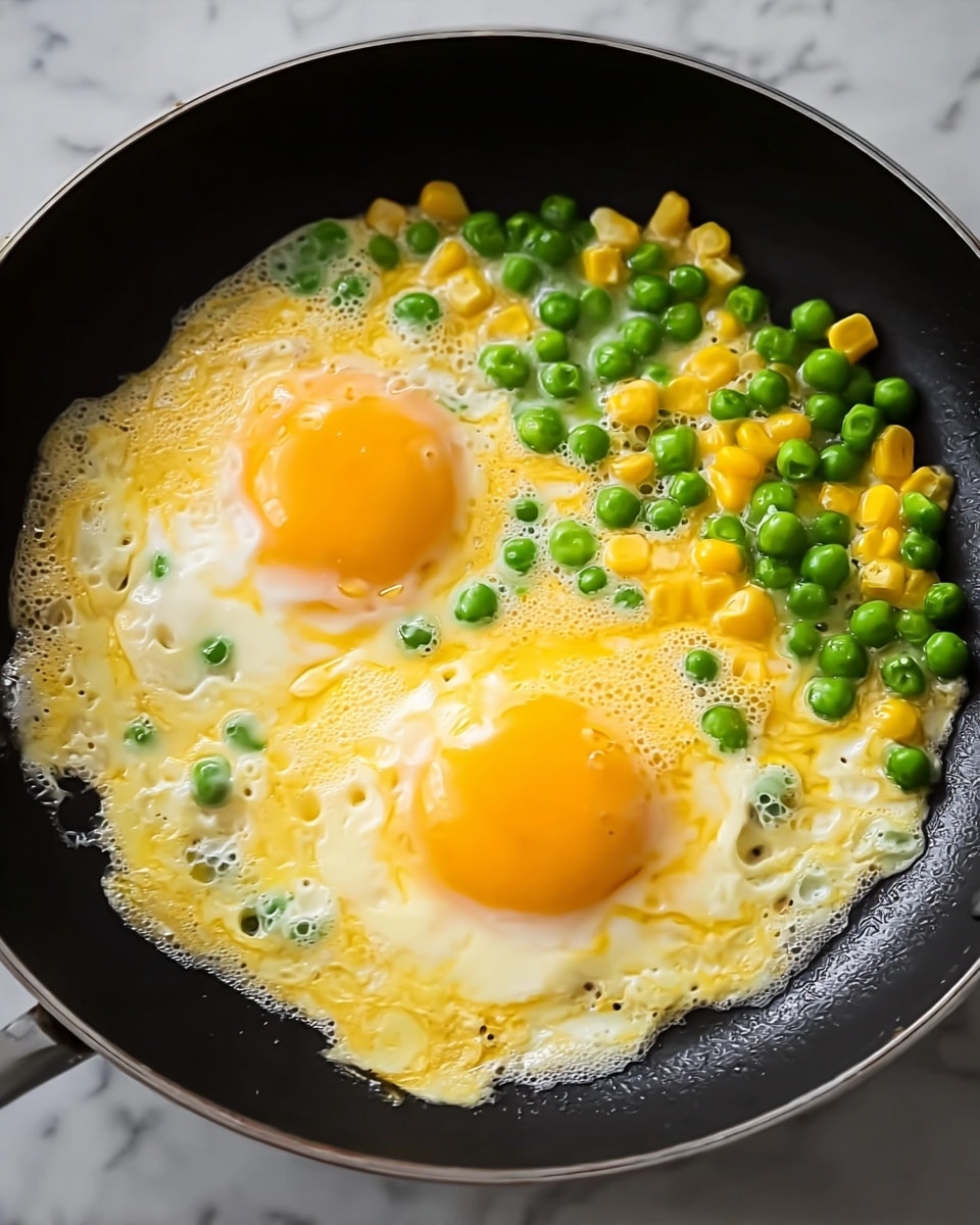 The image shows a frying pan with two cooked eggs and their bright yellow yolks on top. The eggs have a soft yellow and white texture with some bubbly cooked egg white around the edges. On one side of the eggs, there are small bright green peas and yellow corn kernels mixed together. The frying pan is black, and it sits on a white marbled surface. The scene is clear and close-up, showing the details of the cooked eggs and vegetables. photo taken with an iphone --ar 4:5 --v 7