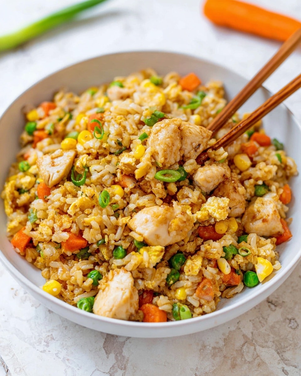 A white bowl filled with fried rice topped with mixed vegetables and pieces of white chicken chunks. The rice is golden brown with orange carrot cubes, green peas, yellow corn kernels, and small green onion slices scattered throughout. A pair of wooden chopsticks rest on the right side, poking into the rice. The background is a white marbled texture with some blurred bits of carrot and green onion visible in the back. Photo taken with an iphone --ar 4:5 --v 7