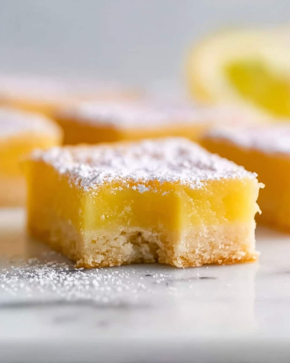 The image shows a close-up of square lemon bars arranged on a white marbled surface. Each lemon bar has two layers: a light golden brown crumbly cookie base on the bottom, and a thick, soft, bright yellow lemon filling on top. The top of the lemon filling is lightly covered with fine powdered sugar, giving a slightly snowy look. The edges of the lemon bars are clean and straight, emphasizing their layered texture. In the background, the white marbled surface appears softly blurred, drawing focus to the front lemon bar with a small bite taken out, showing the soft texture of the lemon layer. Photo taken with an iphone --ar 4:5 --v 7