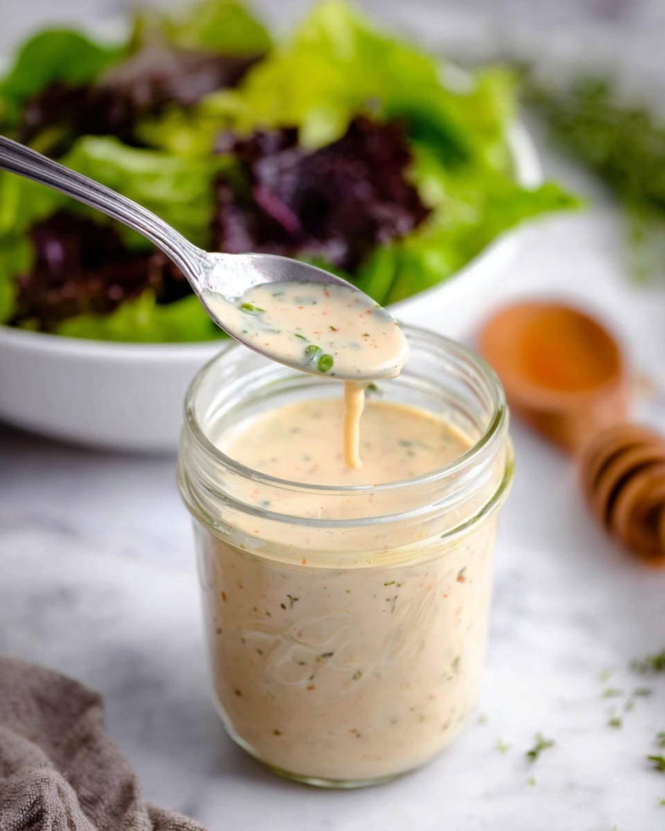 A clear glass jar filled with a creamy sauce that has small specks of herbs and spices in it, showing a mix of light beige and green bits. A silver spoon is held above the jar with some of the sauce dripping from it, highlighting the sauce’s smooth texture and scattered green herb pieces. In the background, there is a white bowl filled with green lettuce leaves and dark purple leaves, resting on a white marbled surface with some blurred green herbs and a wooden honey dipper also faintly visible. photo taken with an iphone --ar 4:5 --v 7