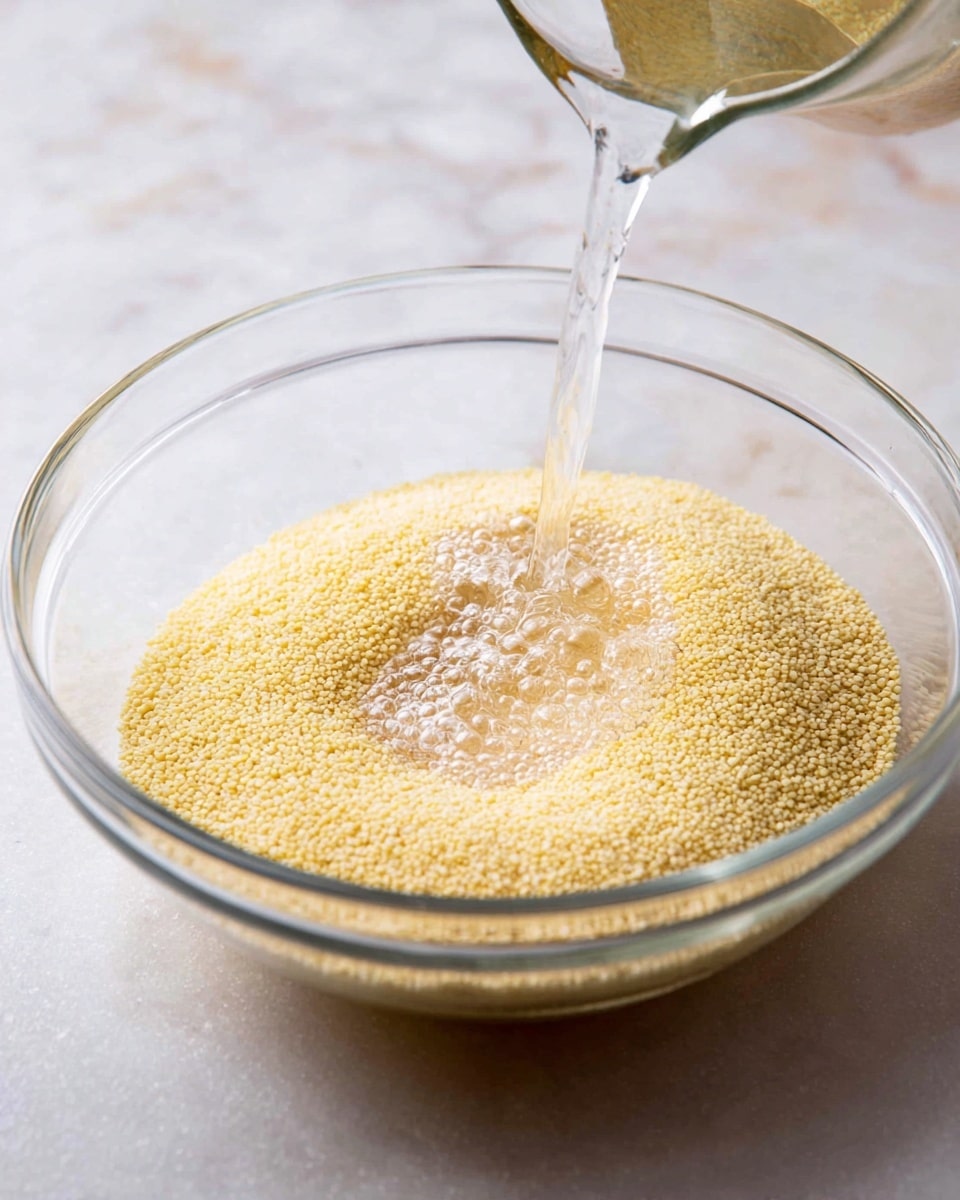 A clear glass bowl sits on a white marbled surface filled with small, round, pale yellow grains forming one layer. A clear liquid is being poured into the center, creating bubbles and a slight foam as it touches the grains. The liquid stream is steady and thin, visible in motion from a transparent pitcher above the bowl. The overall scene has soft lighting highlighting the textures of the grains and liquid. Photo taken with an iphone --ar 4:5 --v 7