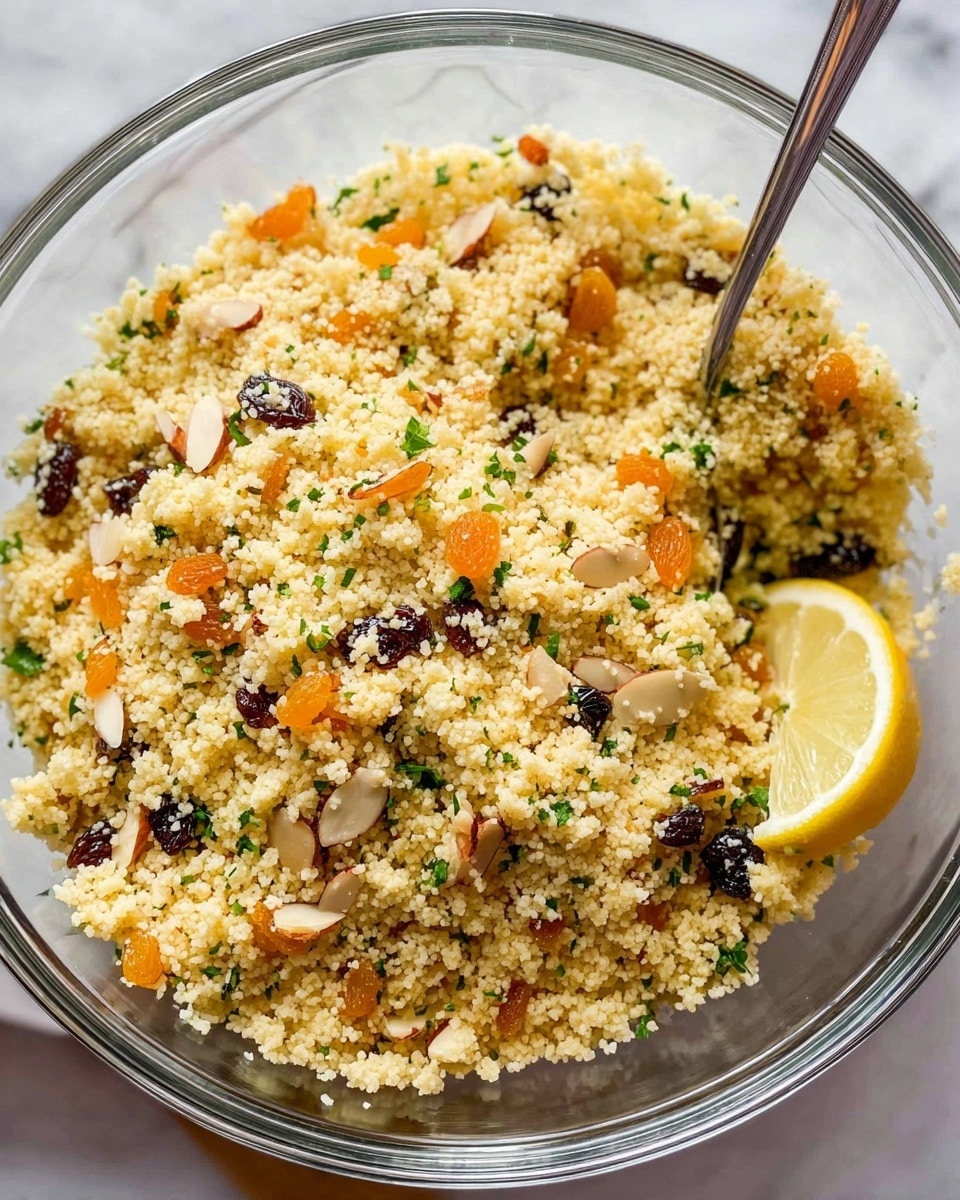 A clear glass bowl filled with a light, fluffy couscous salad that has a pale yellow color mixed with small pieces of orange dried apricot, dark raisins, thin almond slices, and chopped green herbs scattered throughout. A wedge of lemon rests on one side inside the bowl. A silver spoon is partially submerged in the couscous on the right side. The bowl sits on a white marbled surface. photo taken with an iphone --ar 4:5 --v 7