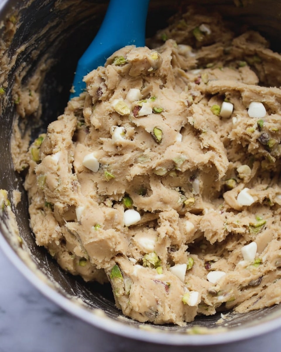 A close up view of thick, light brown cookie dough mixed with white chocolate chips and chopped green pistachios. The dough has a rough, soft texture with chunks of ingredients spread all over. A blue spatula is partly visible in the upper left corner inside the mixing bowl. The bowl’s edge is dark but the rest of the scene’s background is changed to a white marbled texture. photo taken with an iphone --ar 4:5 --v 7