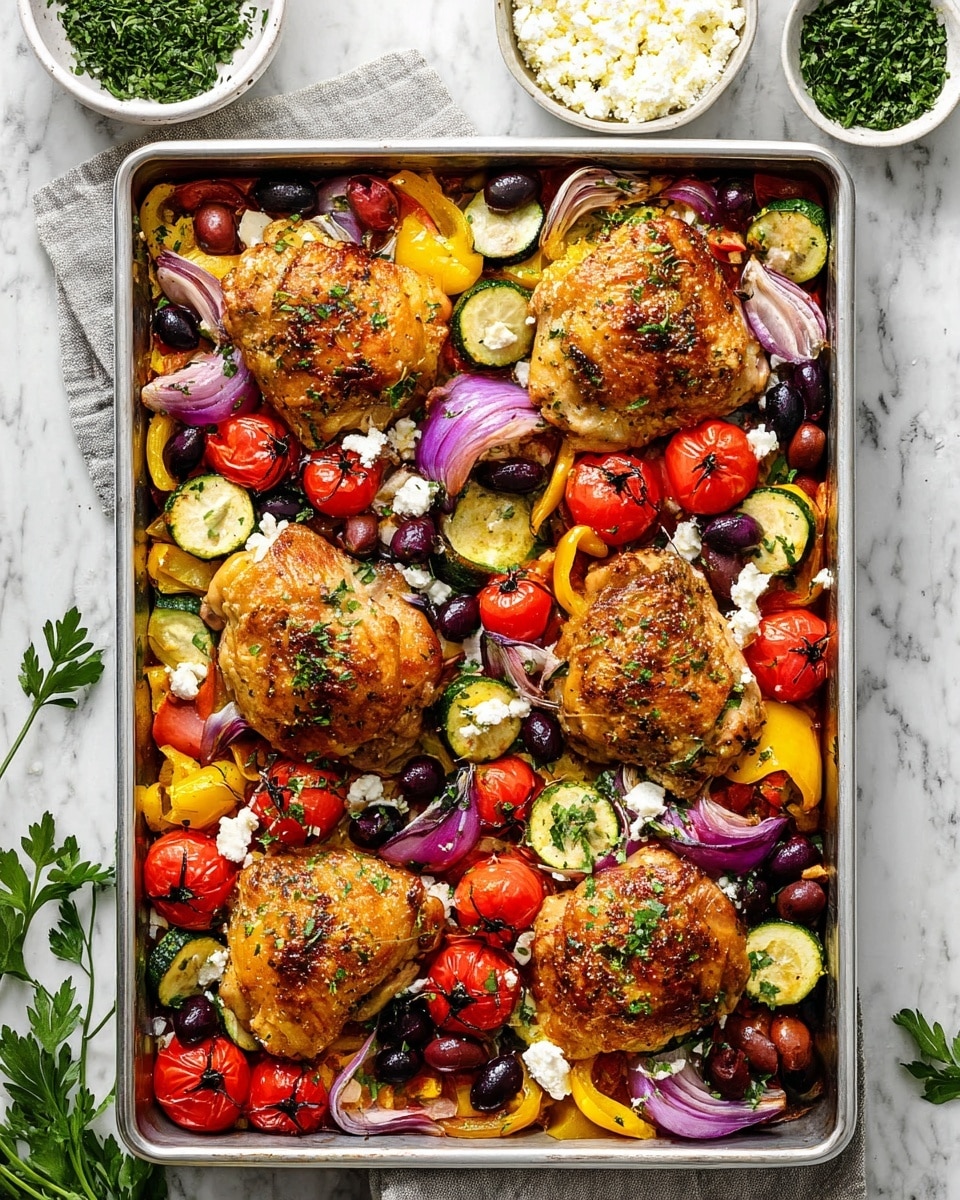 A white plate shows a meal with four main parts: on the right side, there is a small pile of white rice with a soft texture. To the left of the rice, there is a roasted chicken piece, golden brown and shiny with herbs sprinkled on top. Surrounding the chicken are layers of colorful vegetables: bright red cherry tomatoes, sliced purple-red onions, yellow bell peppers, green zucchini pieces, and dark purple olives. Small bits of crumbled white cheese and green parsley leaves are scattered on top, adding texture and color. The background is a white marbled surface, holding a knife and fork wrapped in a gray checkered cloth on the left and a small white bowl with chopped green herbs on the right. Photo taken with an iphone --ar 4:5 --v 7