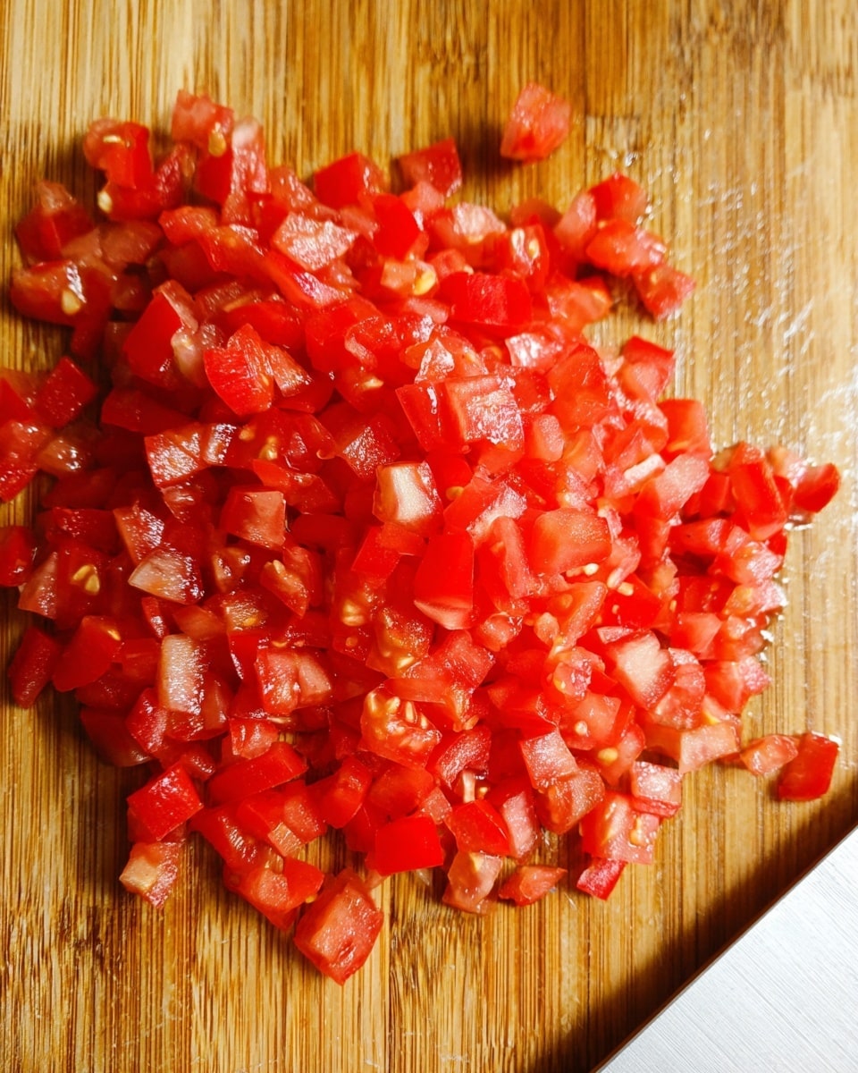 A close-up image shows a pile of small chopped red tomato pieces with visible juice and seeds, resting on a wooden cutting board with a clear grain texture that covers the whole background. At the bottom right corner, part of a white knife blade is visible, contrasting with the board. The scene is lit to highlight the fresh, moist texture of the tomatoes and the natural wood color of the board. photo taken with an iphone --ar 4:5 --v 7