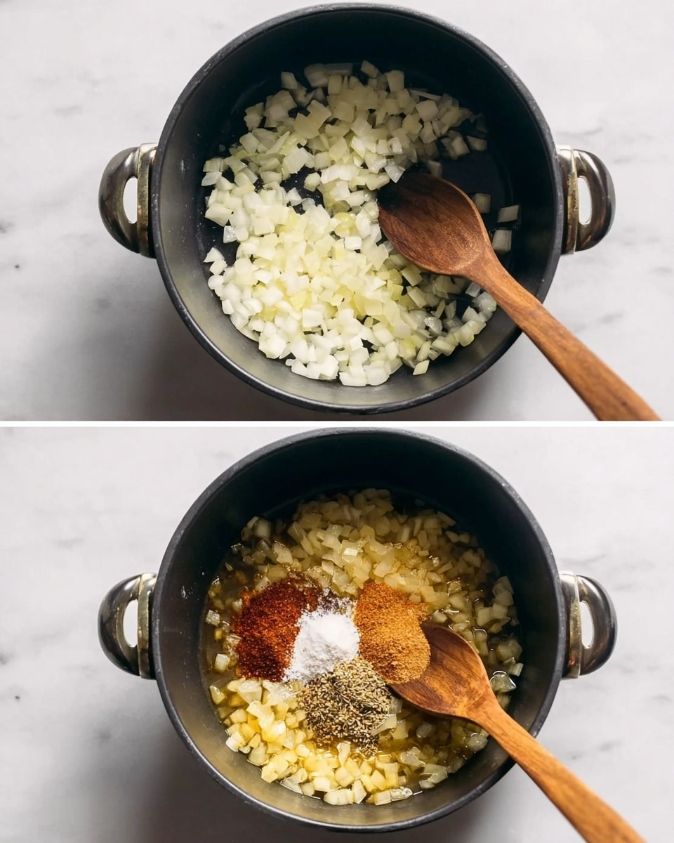 The image shows a dark pot placed on a white marbled texture surface. In the first view, the pot is filled with small, white diced onions resting in a layer of clear oil. A wooden spoon is placed inside the pot, touching the onions. In the second view, the onions have turned slightly yellow, indicating they are cooking, and a small pile of various powdered spices including brown, white, and reddish powders are added on top of the onions. The wooden spoon is stirring the spices and onions together. Photo taken with an iphone --ar 4:5 --v 7
