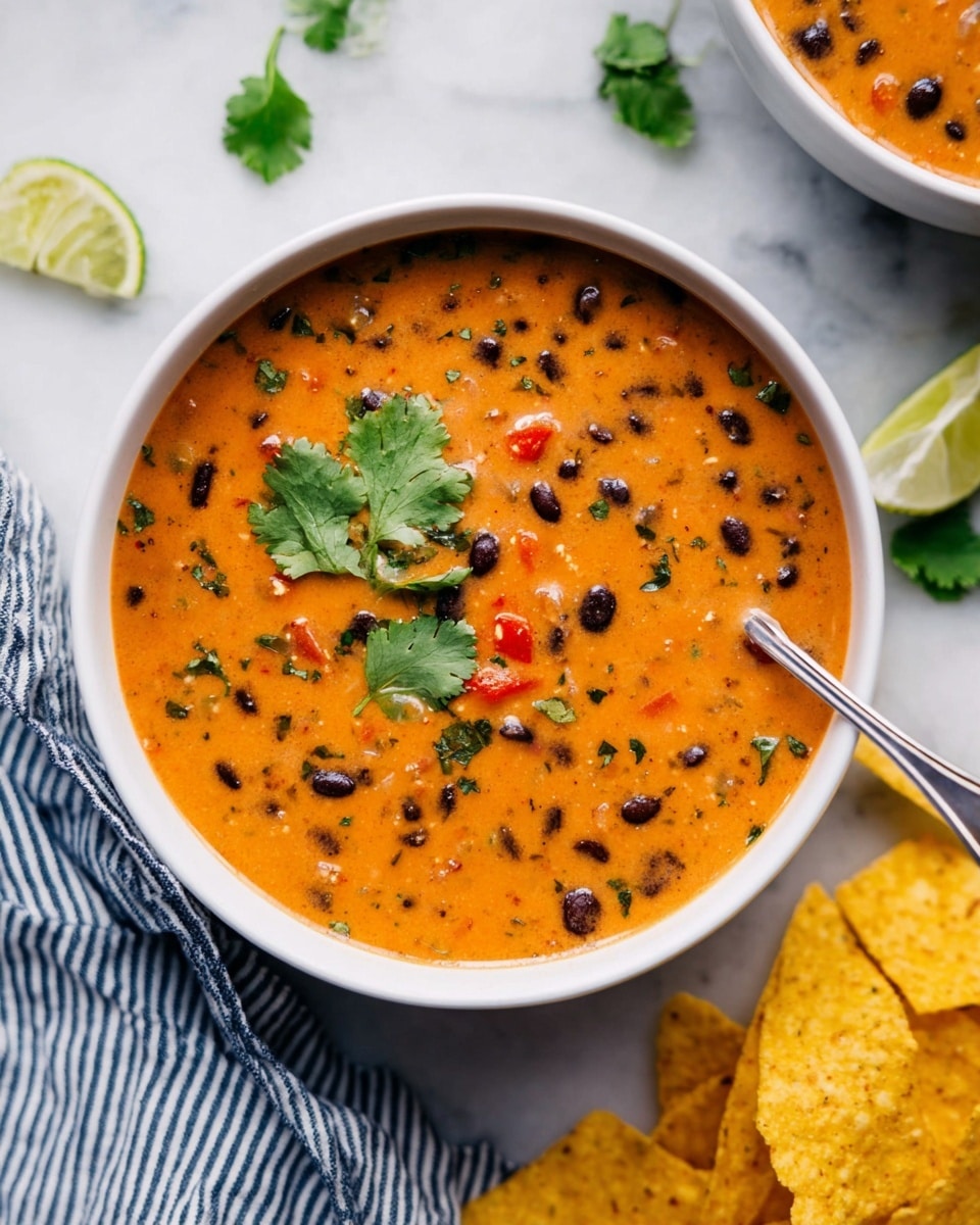 A white bowl filled with thick orange soup that has visible black beans and small bits of red peppers mixed evenly throughout. The soup surface is speckled with small green herb pieces and topped with three bright green cilantro leaves placed towards the left side. A silver spoon rests inside the bowl on the right, partially submerged in the soup. The bowl sits on a white marbled surface, with yellow tortilla chips on the right and a blue-and-white striped cloth below. A few lime wedges and scattered cilantro leaves are seen near the edges. photo taken with an iphone --ar 4:5 --v 7