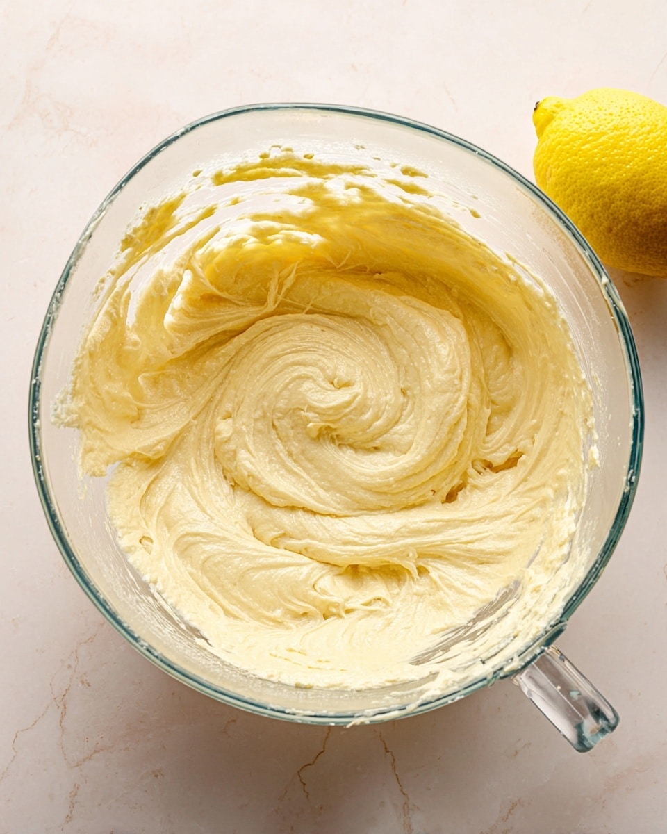 A clear glass mixing bowl filled with a thick, creamy batter that is pale yellow with a smooth, swirled texture, showing soft peaks and small air bubbles. A bright yellow lemon is placed near the top right outside the bowl, all set on a white marbled surface. The bowl has a clear handle on the right side, and the batter fills most of the bowl but leaves visible swirls along the sides. photo taken with an iphone --ar 4:5 --v 7