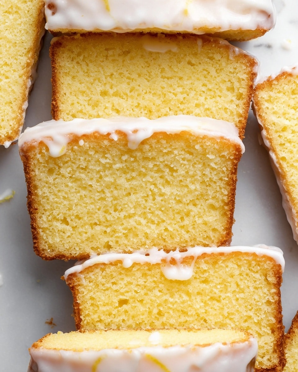 The image shows several slices of lemon loaf cake arranged close together on a white marbled surface. Each slice has one visible layer, a soft and moist yellow cake with a light, crumbly texture. The top edges of each slice are covered with a thin, smooth layer of white icing that appears slightly glossy and dripping in small amounts onto the sides. The cake’s outer crust is lightly browned, adding a subtle contrast to the bright yellow inside. Photo taken with an iphone --ar 4:5 --v 7