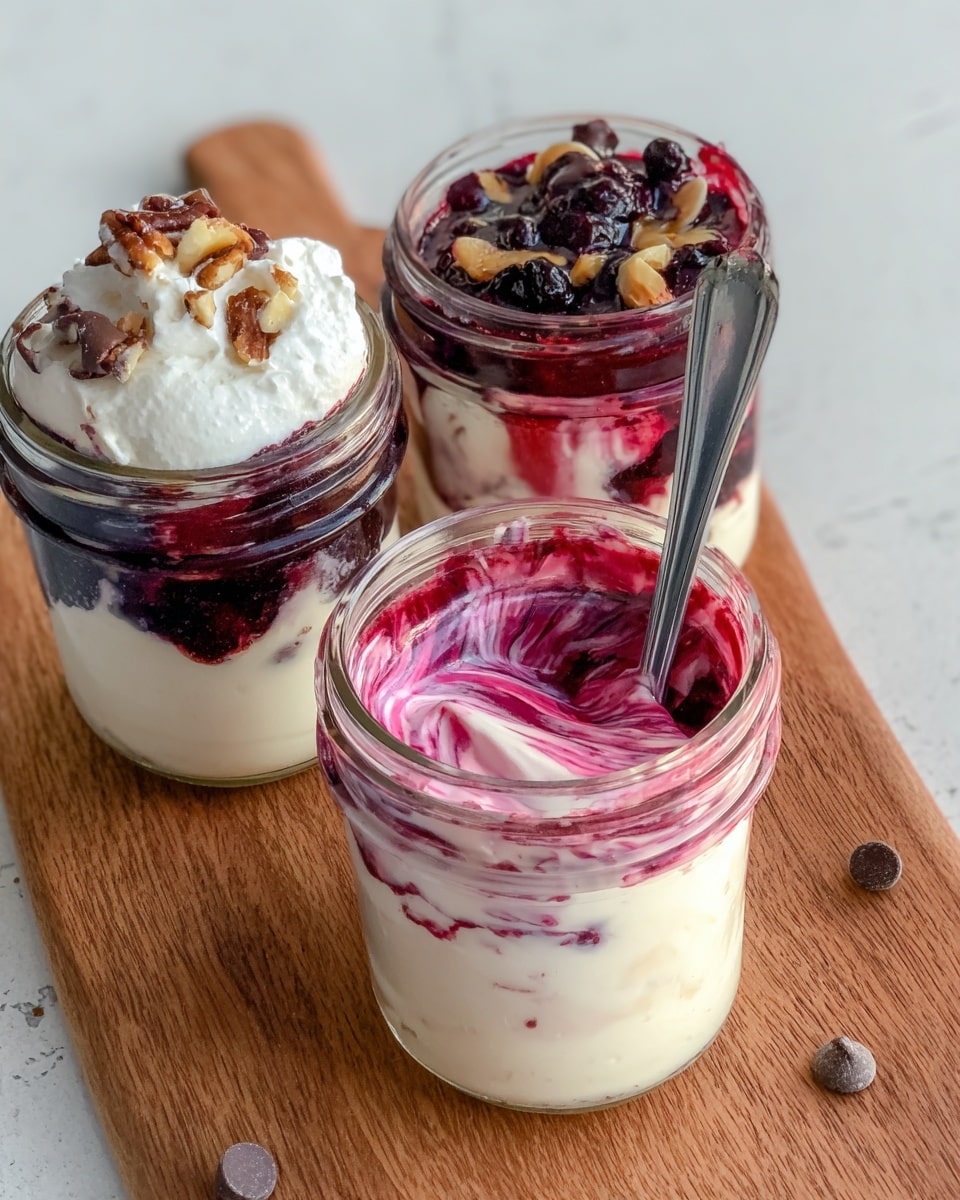 Three small clear glass jars sit on a wooden board with a white marbled surface visible in the background. Each jar has creamy white yogurt as the base layer, topped with a dark red and purple berry sauce layer with whole berries visible. One jar in the front right shows a swirled mix of pink berry sauce and white yogurt, with a spoon standing inside it. Another jar towards the back left is topped with whipped cream, small brown chocolate chips, and nut pieces, while the third jar has similar toppings peeking from behind. There are a few loose chocolate chips on the wooden board around the jars. photo taken with an iphone --ar 4:5 --v 7