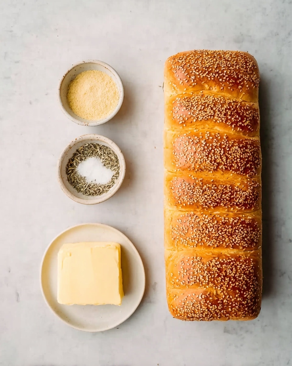 The image shows a long rectangular sesame seed bread loaf placed vertically on a white marbled surface. To its left, there are two small round white bowls stacked vertically, each filled with different seasonings: the top bowl contains a light yellow powder, and the bottom bowl has a mix of dried herbs with small white bits. Below these bowls, a white round plate holds a rectangular block of pale yellow butter. The scene is brightly lit with soft natural light and minimal shadows. photo taken with an iphone --ar 4:5 --v 7