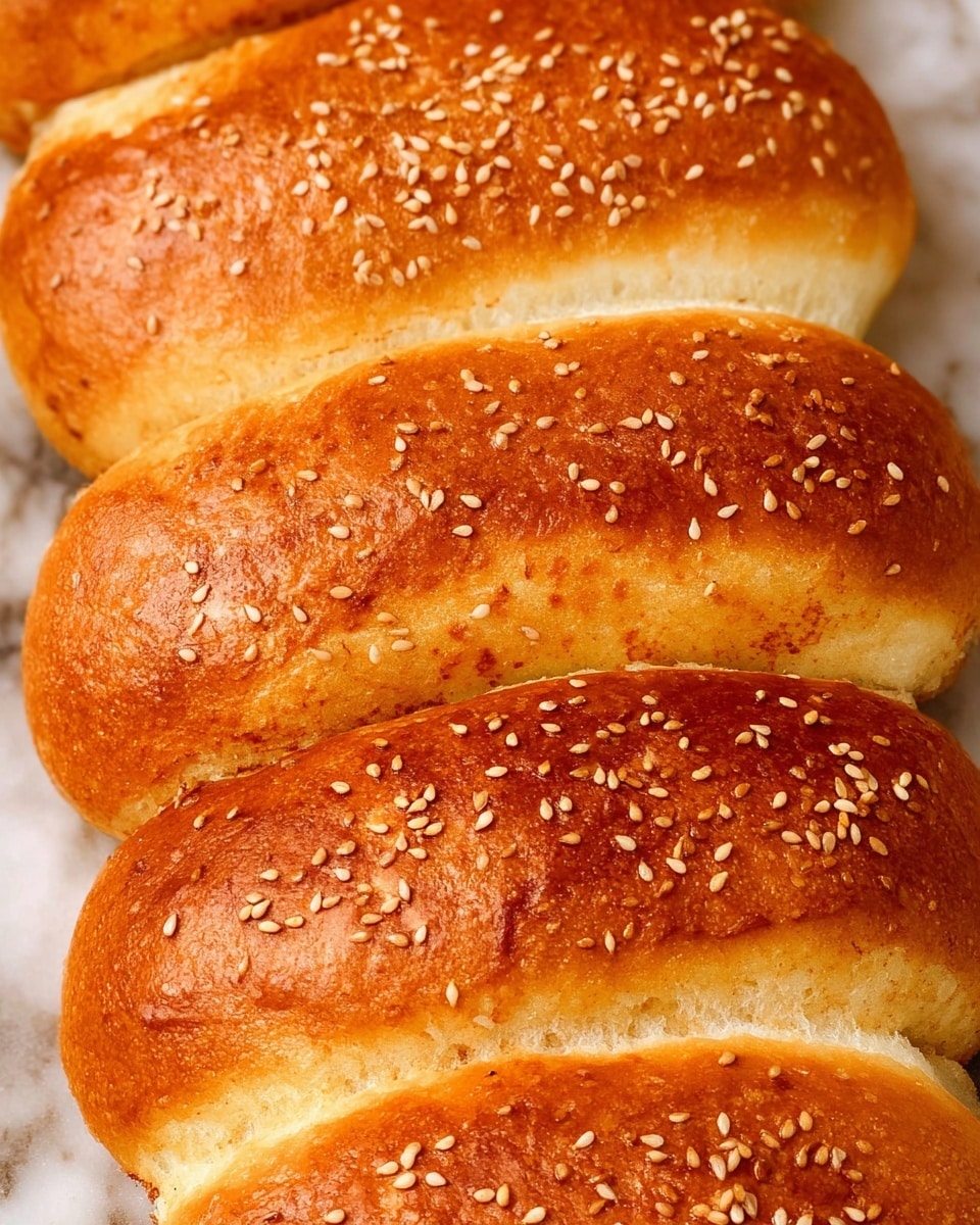 The image shows a close-up of four soft, golden brown sandwich buns placed side by side with sesame seeds sprinkled on top. Each bun has a shiny, smooth upper layer with slight wrinkles, and the bottom part shows a toasted, slightly rough texture. The buns appear fluffy and have an even, warm tone across their surface. The background is a white marbled texture. photo taken with an iphone --ar 4:5 --v 7