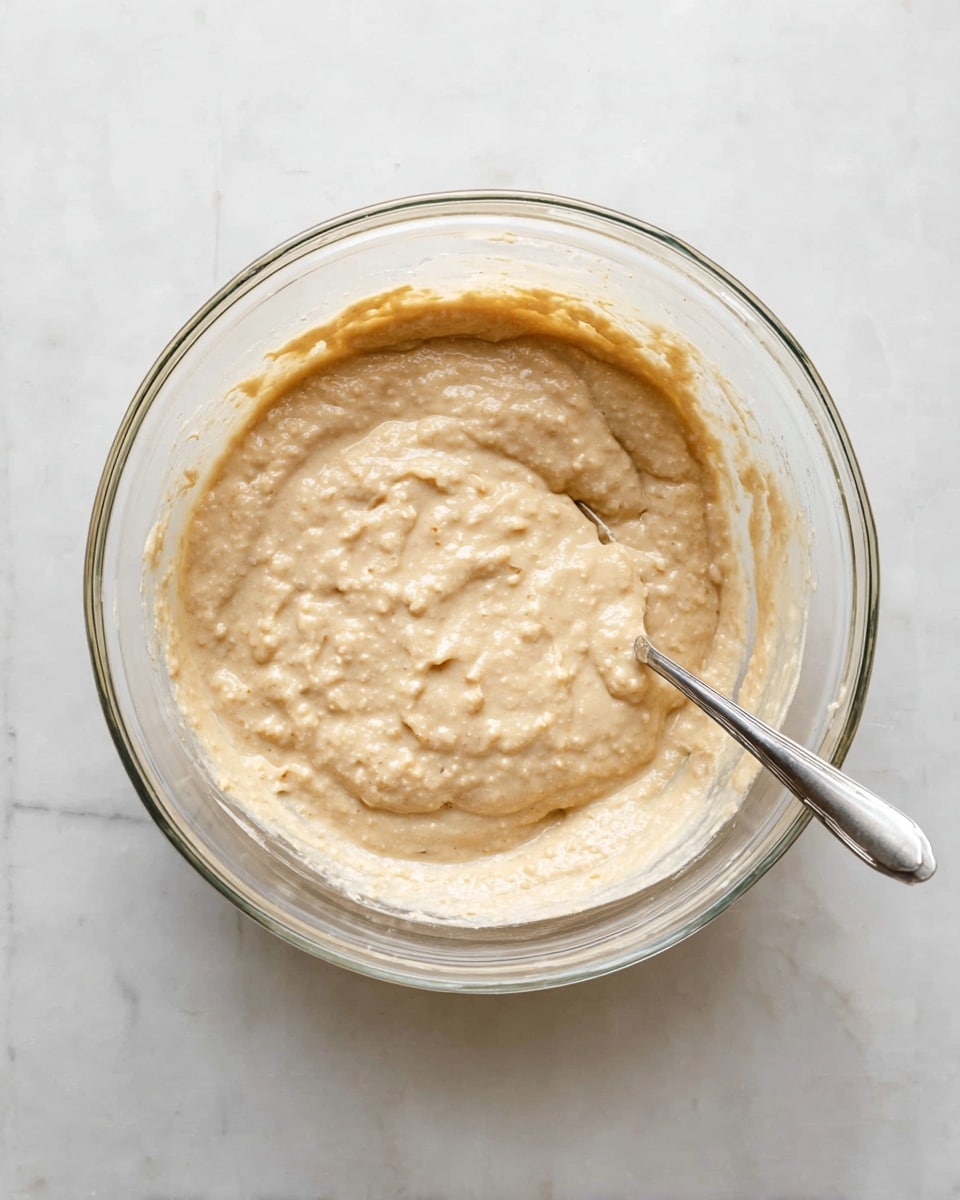A clear glass bowl filled with a thick, light beige batter with a slightly bumpy texture sits centered on a white marbled surface. The batter has some small lumps and a creamy appearance, covering the bottom and mid-height of the bowl. A silver metal spoon with a shiny, smooth texture is partially submerged on the right side of the bowl, resting against the bowl's edge. The bowl’s rim shows slight batter smears, indicating recent stirring. Photo taken with an iphone --ar 4:5 --v 7