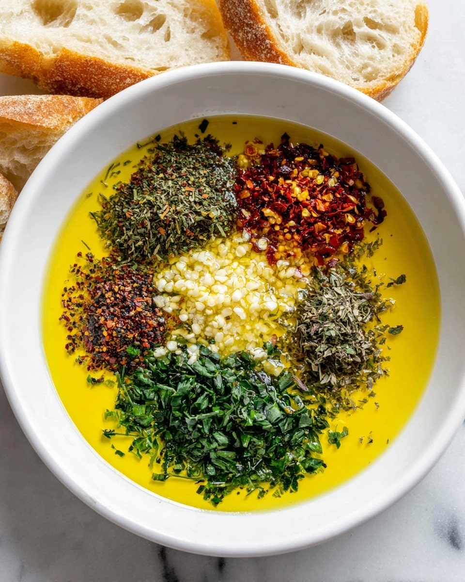 A white bowl filled with a layer of bright yellow olive oil serves as the base, topped with six distinct piles arranged in a circle near the center. Starting from the top and moving clockwise, there is a pile of red chili flakes, finely chopped garlic with a light creamy color, a mix of dried herbs in green and brown shades, small black pepper specks, fresh chopped green herbs, and another bunch of finely chopped dark green herbs. Around the bowl, there are pieces of crusty bread with a golden brown exterior and airy interior. The bowl is set on a white marbled surface. photo taken with an iphone --ar 4:5 --v 7