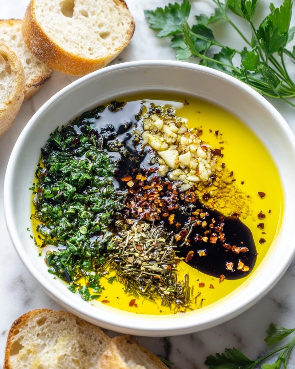 A white shallow bowl filled with a layer of yellow olive oil forming the base, topped with five distinct sections of ingredients: chopped green herbs on the left, finely minced light beige garlic near the center right, dried green rosemary and other herbs on the bottom right, crushed red pepper flakes with black seasoning bits on the upper left, and dark balsamic vinegar drizzled across and pooling in places over the other ingredients. The bowl sits on a white marbled surface with two pieces of sliced crusty bread placed nearby, and some fresh green parsley leaves visible in the background, photo taken with an iphone --ar 4:5 --v 7