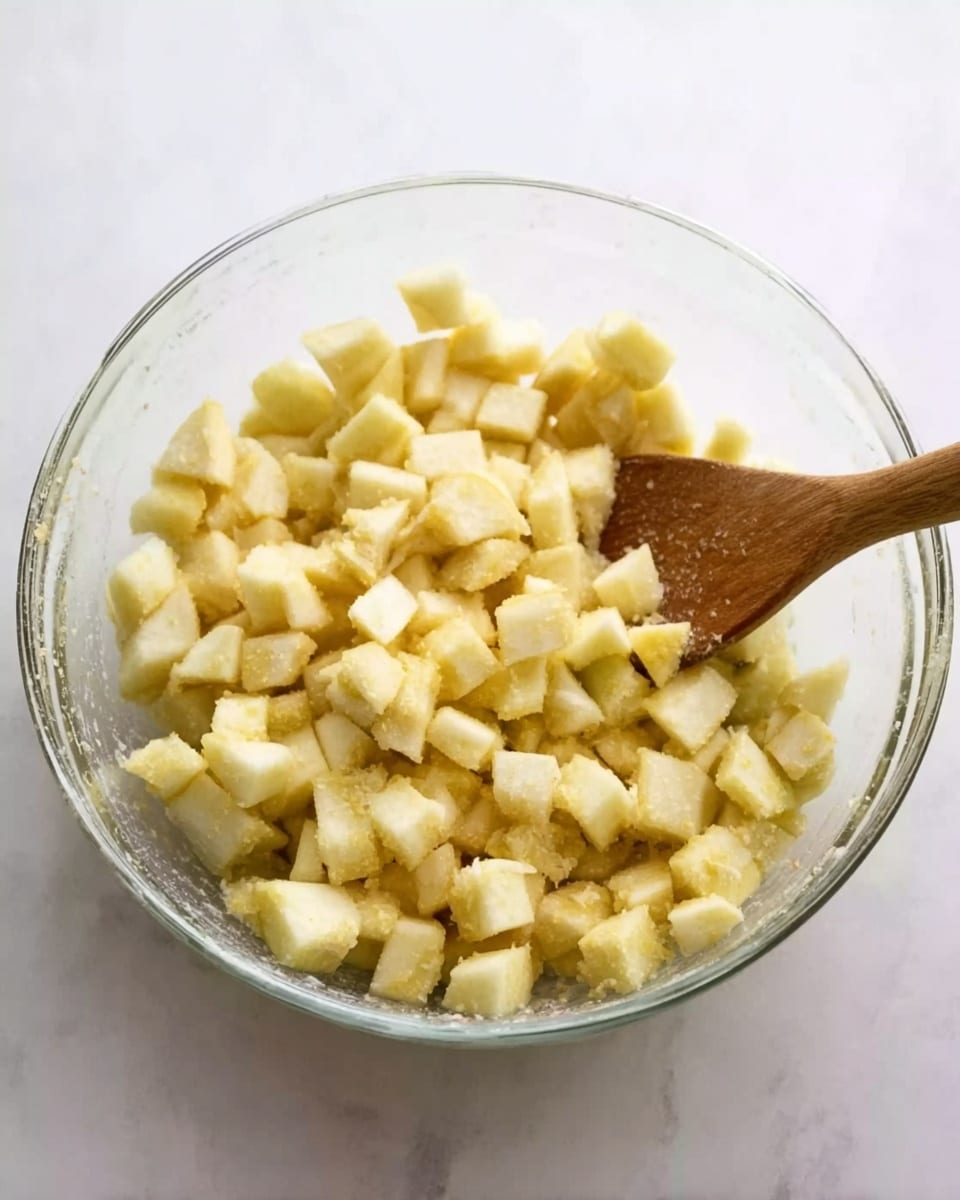 A clear glass bowl filled with small, evenly diced pieces of light yellow fruit, likely apples, mixed with some grainy texture, possibly sugar or spices. A wooden spoon is placed inside the bowl, leaning on the right side, partially covered by the fruit mixture. The bowl sits on a white marbled surface. The scene looks bright and clean, focusing on the fresh, simple fruit mixture. Photo taken with an iphone --ar 4:5 --v 7